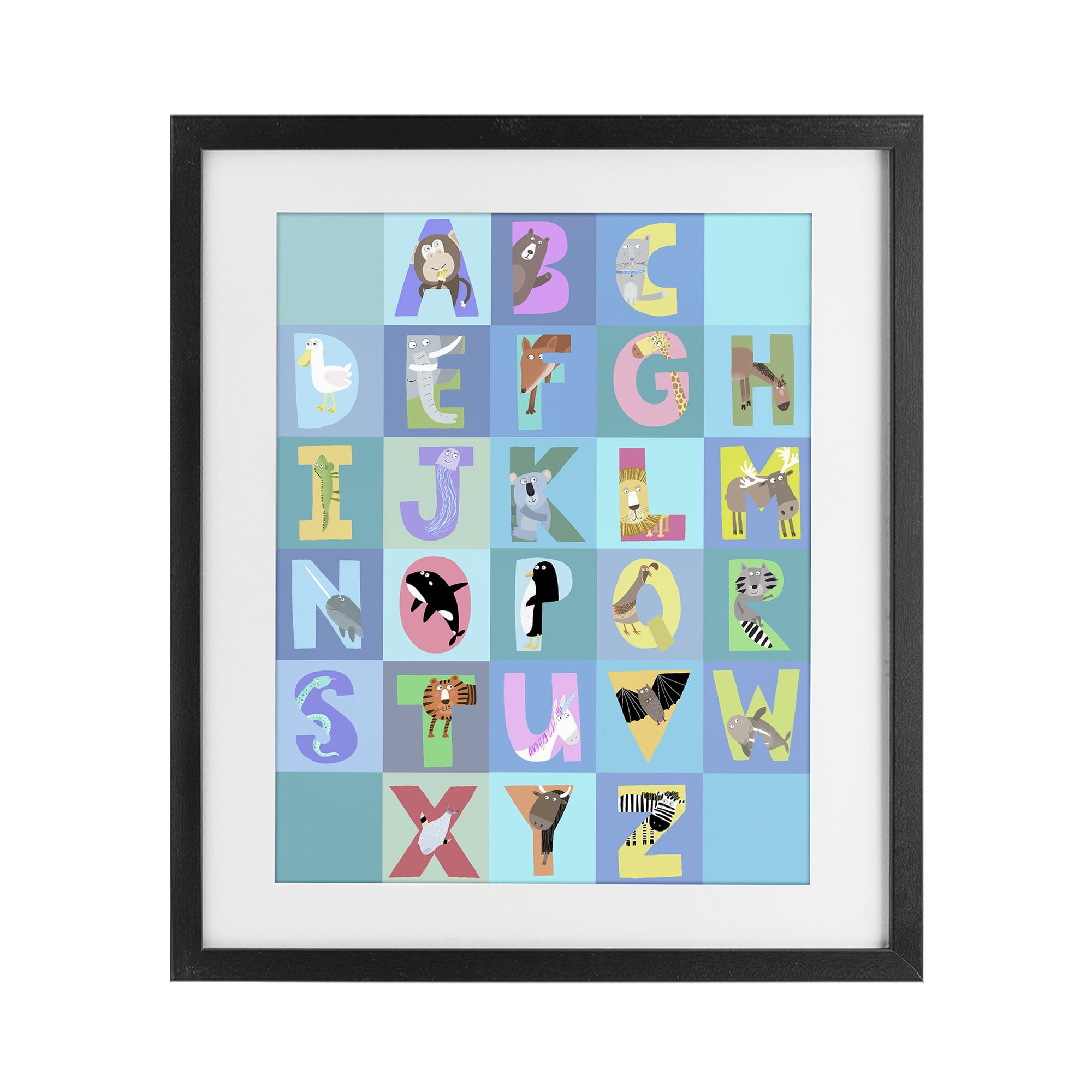 Stupell Industries Animal Alphabet in Blue Black Framed Print Under Glass, design by Carla Daly