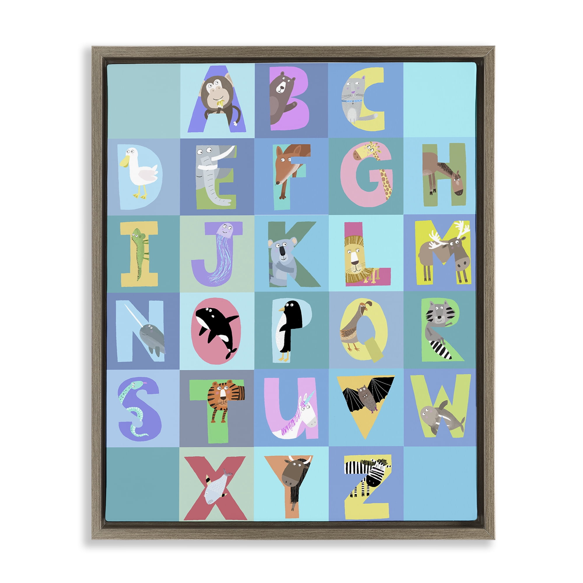 Stupell Industries Animal Alphabet in Blue Brown Framed Floater Canvas Wall Art, design by Carla Daly