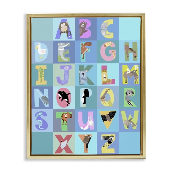 Stupell Industries Contemporary Animal Alphabet in Blue Gold Floating Frame Canvas Art, 17 x 21, by Carla Daly