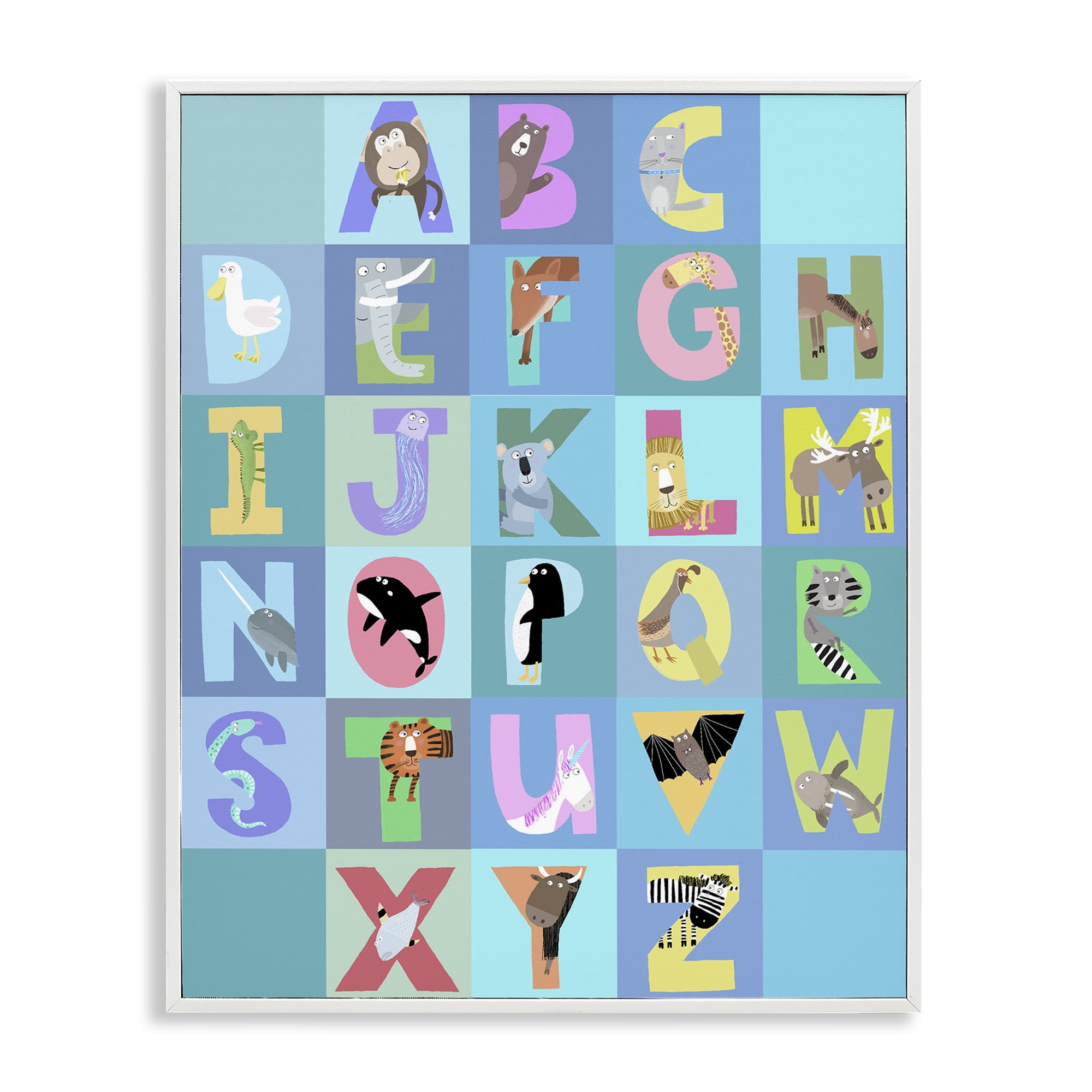 Stupell Industries Animal Alphabet in Blue White Framed Giclee Art, design by Carla Daly