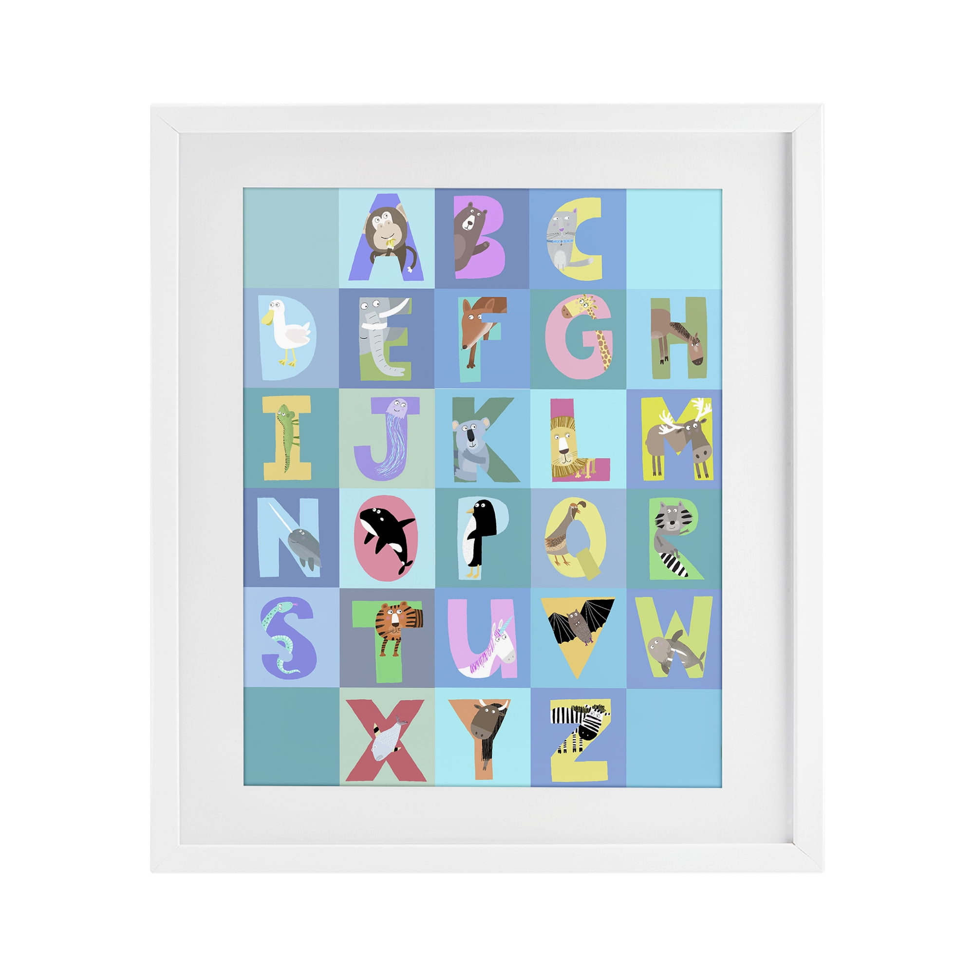 Stupell Industries Animal Alphabet in Blue White Framed Print Under Glass, design by Carla Daly