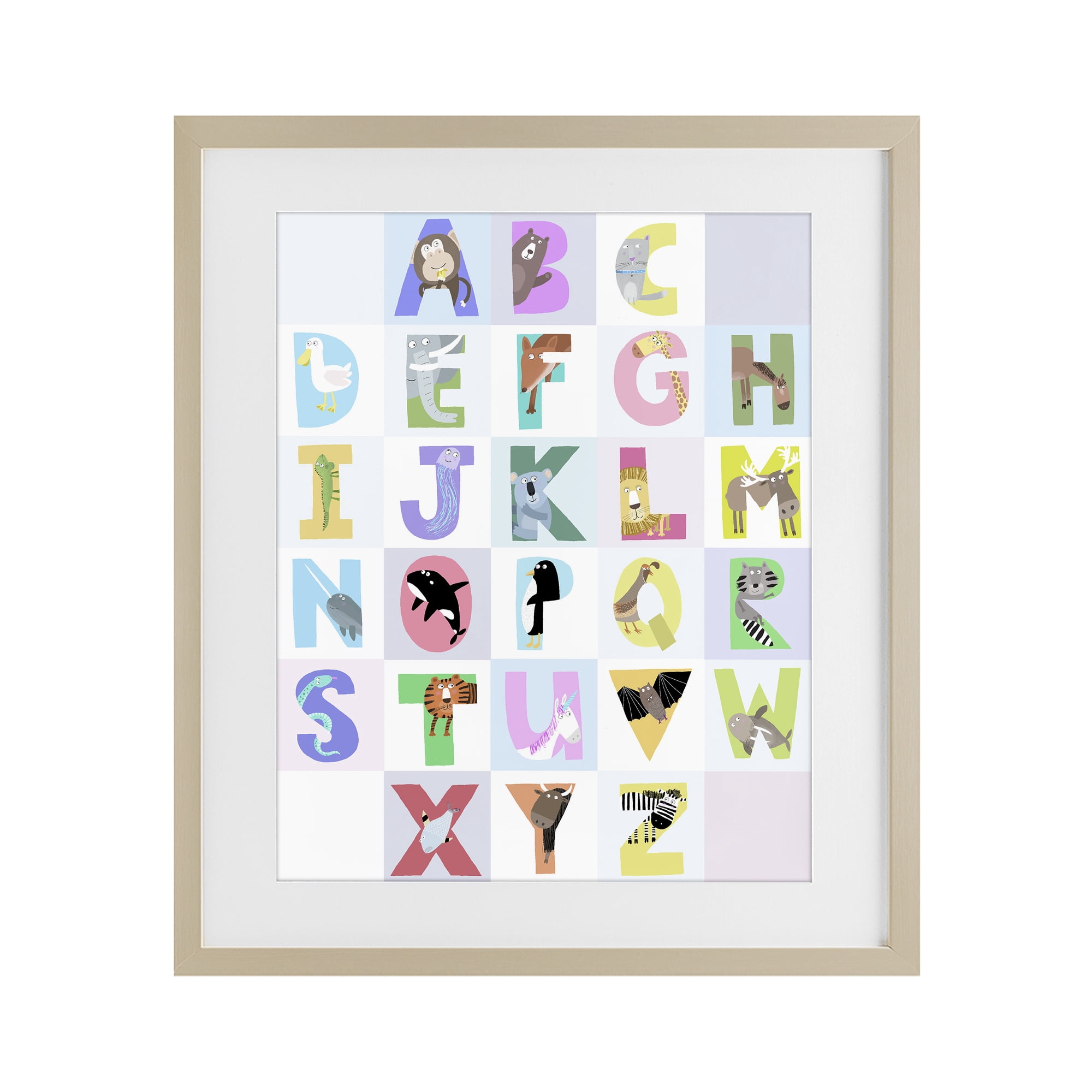 Stupell Industries Animal Alphabet in Light Grey Birch Framed Print Under Glass, design by Carla Daly