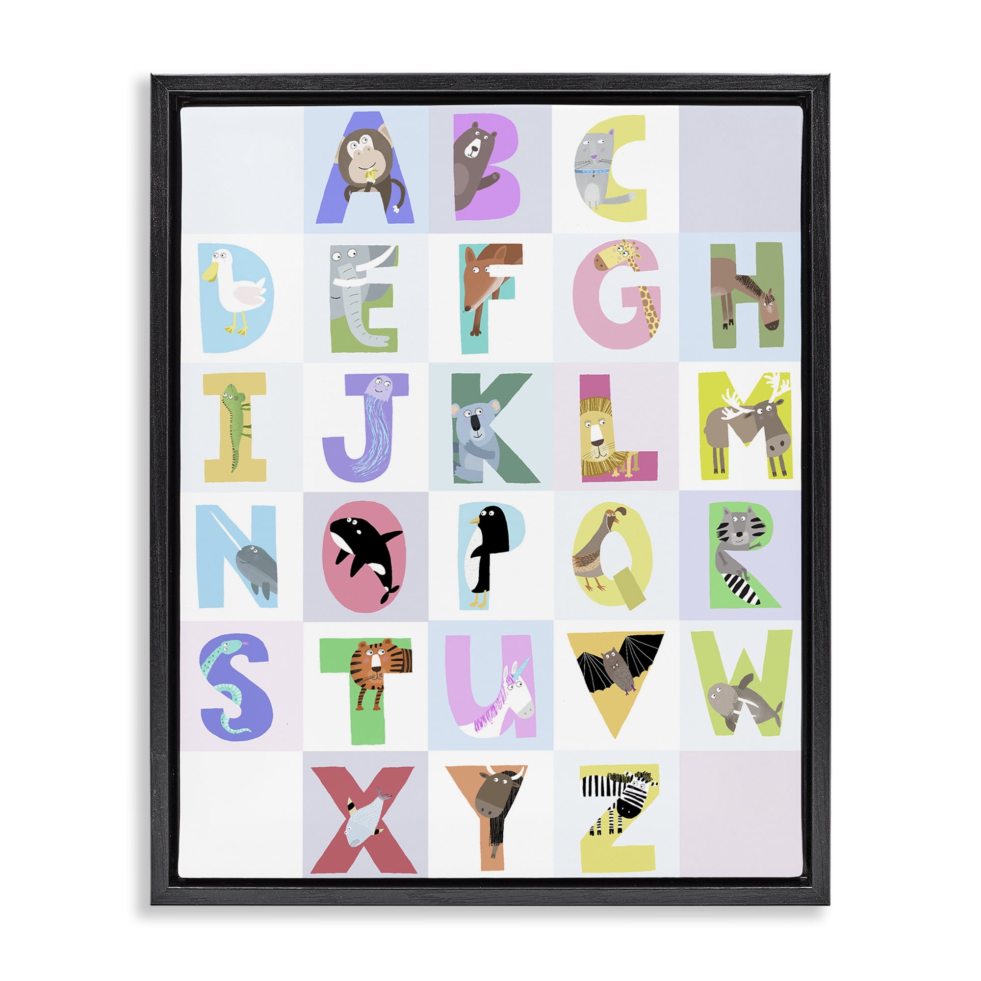 Stupell Industries Animal Alphabet in Light Grey Black Framed Floater Canvas Wall Art, design by Carla Daly