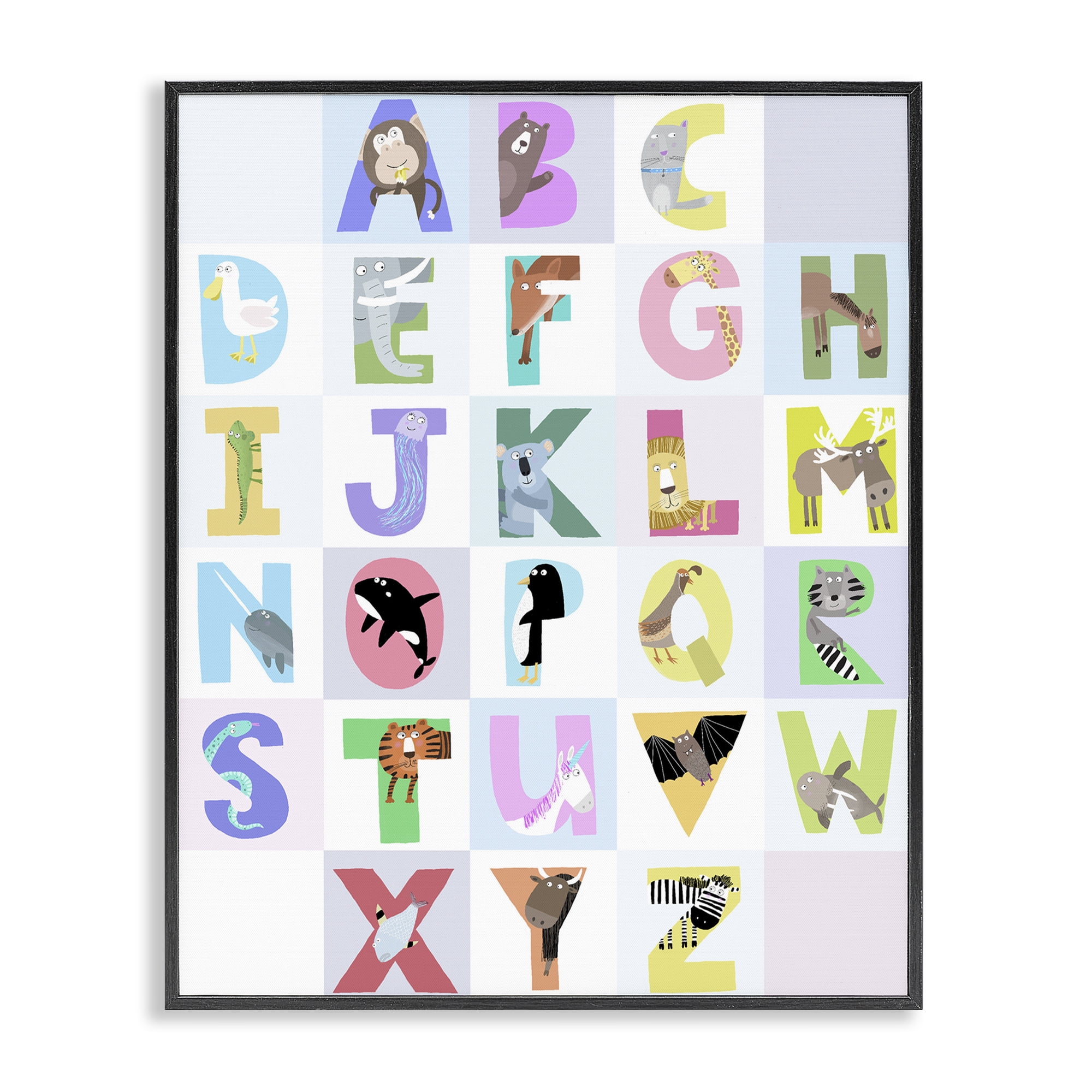 Stupell Industries Animal Alphabet in Light Grey Black Framed Giclee Art, design by Carla Daly