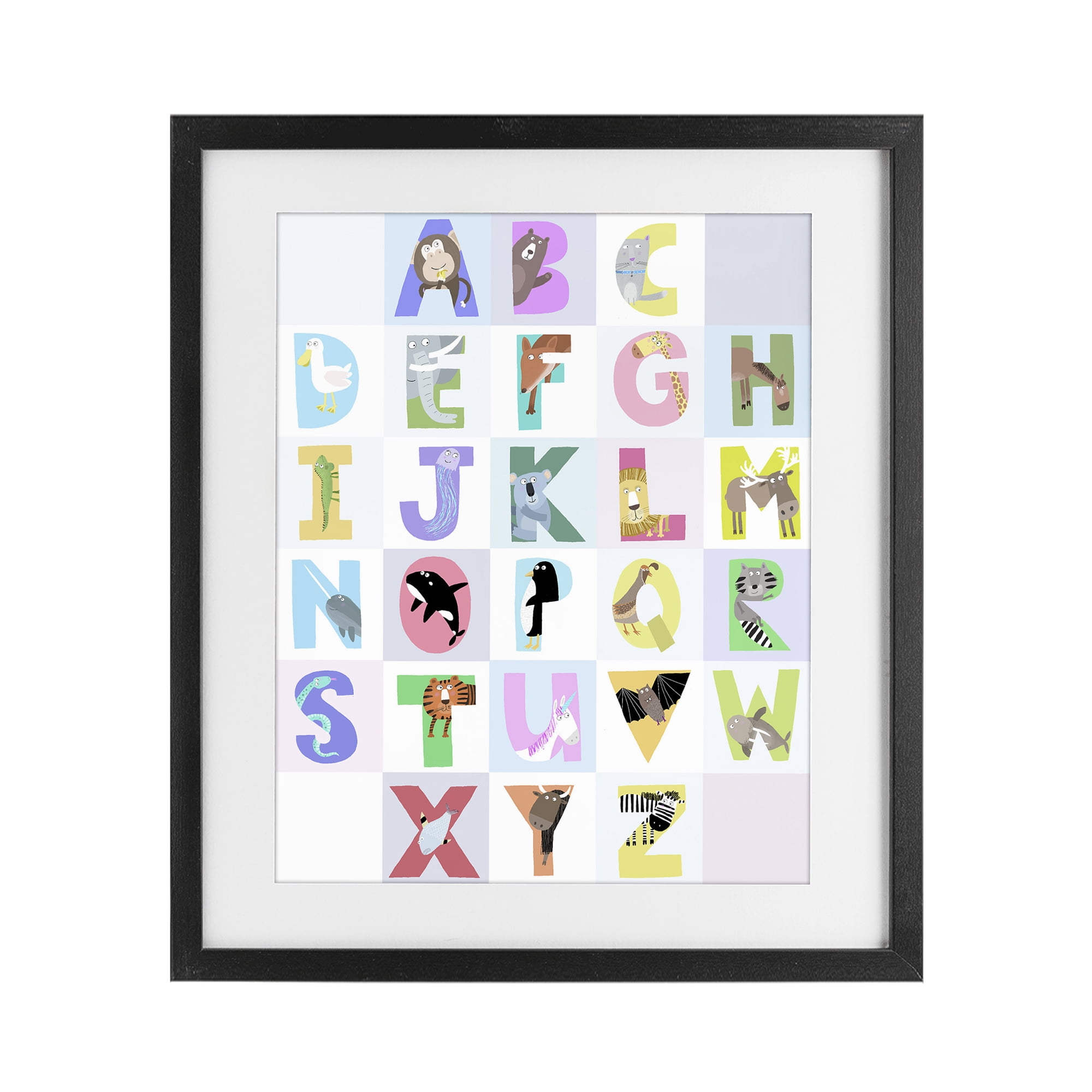 Stupell Industries Animal Alphabet in Light Grey Black Framed Print Under Glass, design by Carla Daly