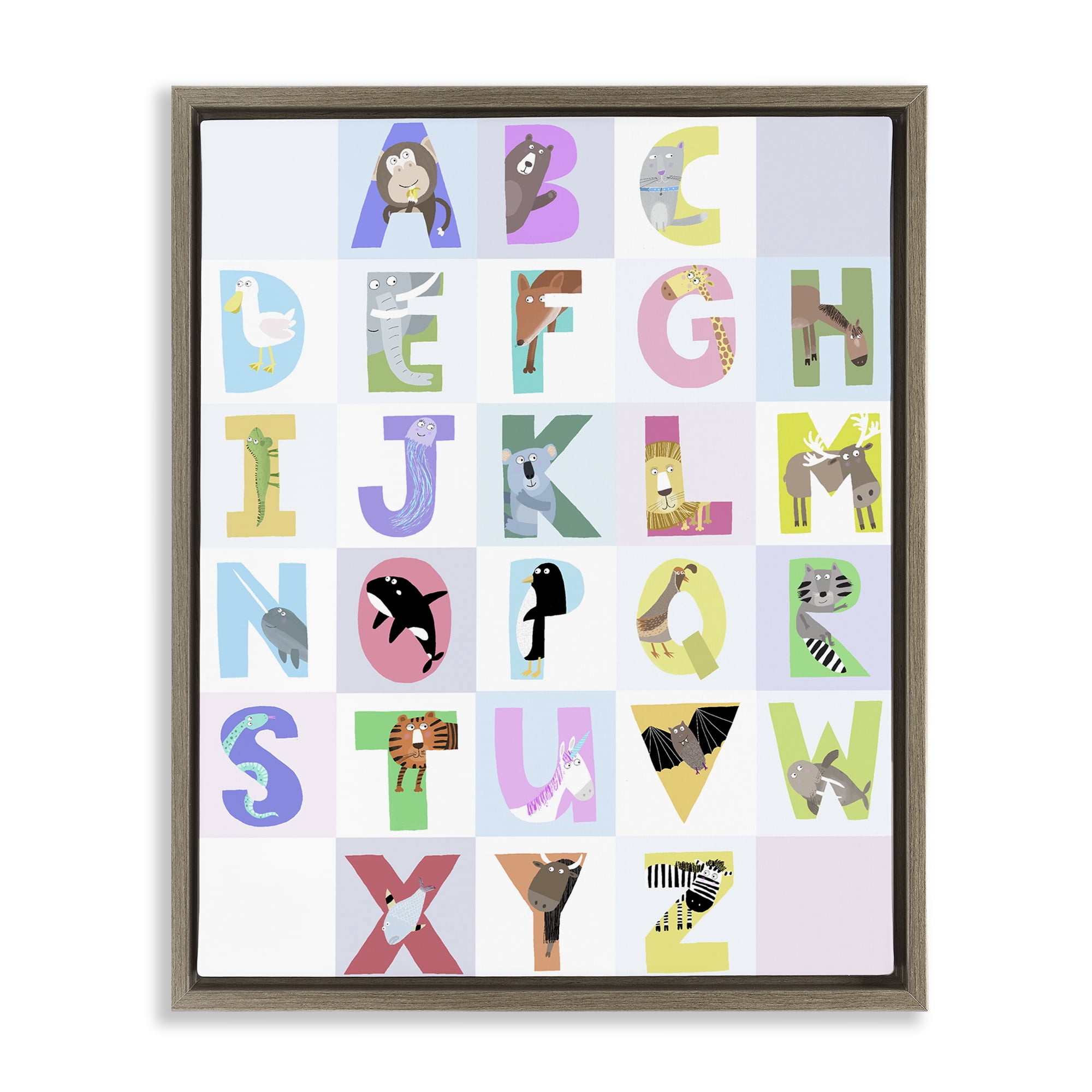 Stupell Industries Animal Alphabet in Light Grey Brown Framed Floater Canvas Wall Art, design by Carla Daly