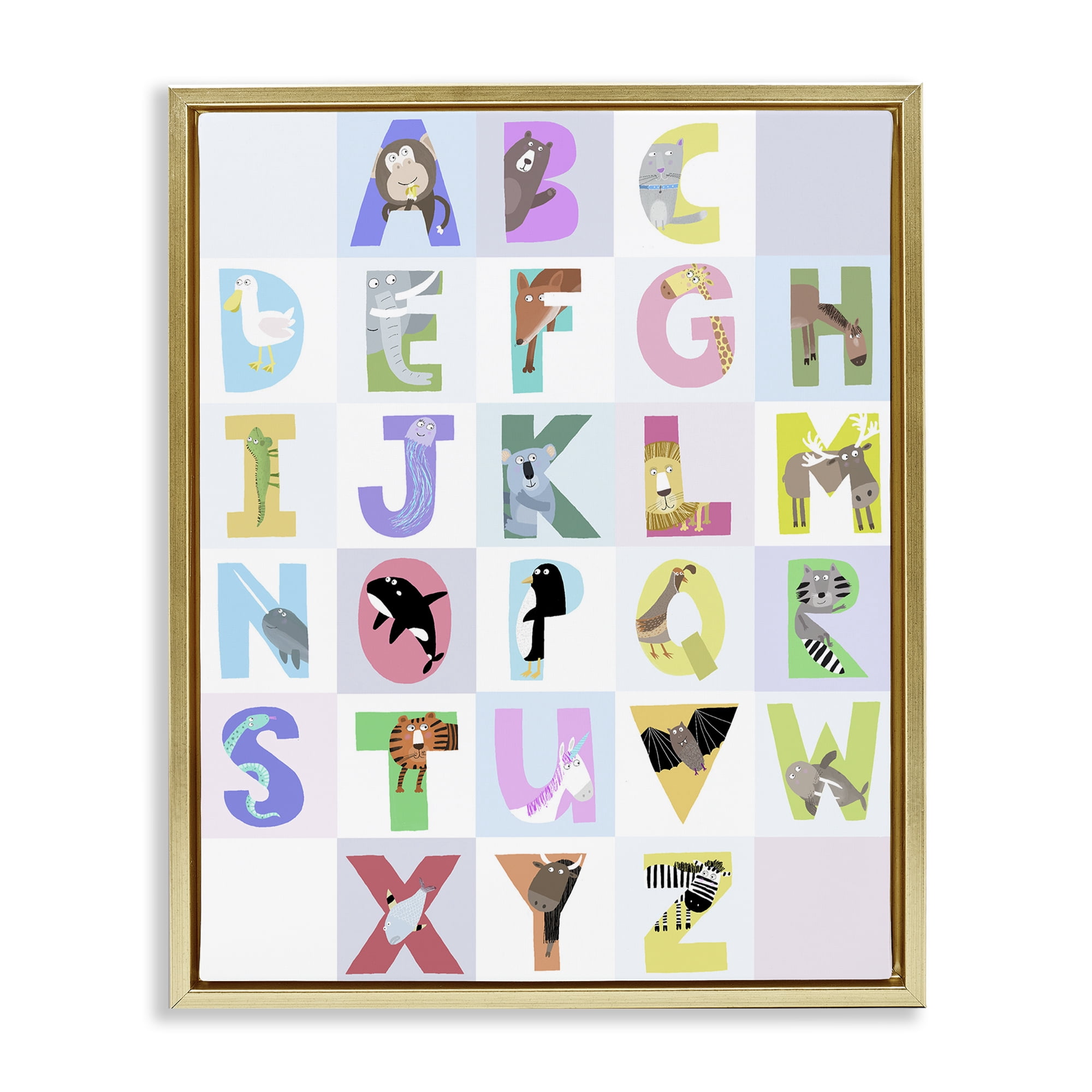 Stupell Industries Animal Alphabet in Light Grey Gold Framed Floater Canvas Wall Art, design by Carla Daly
