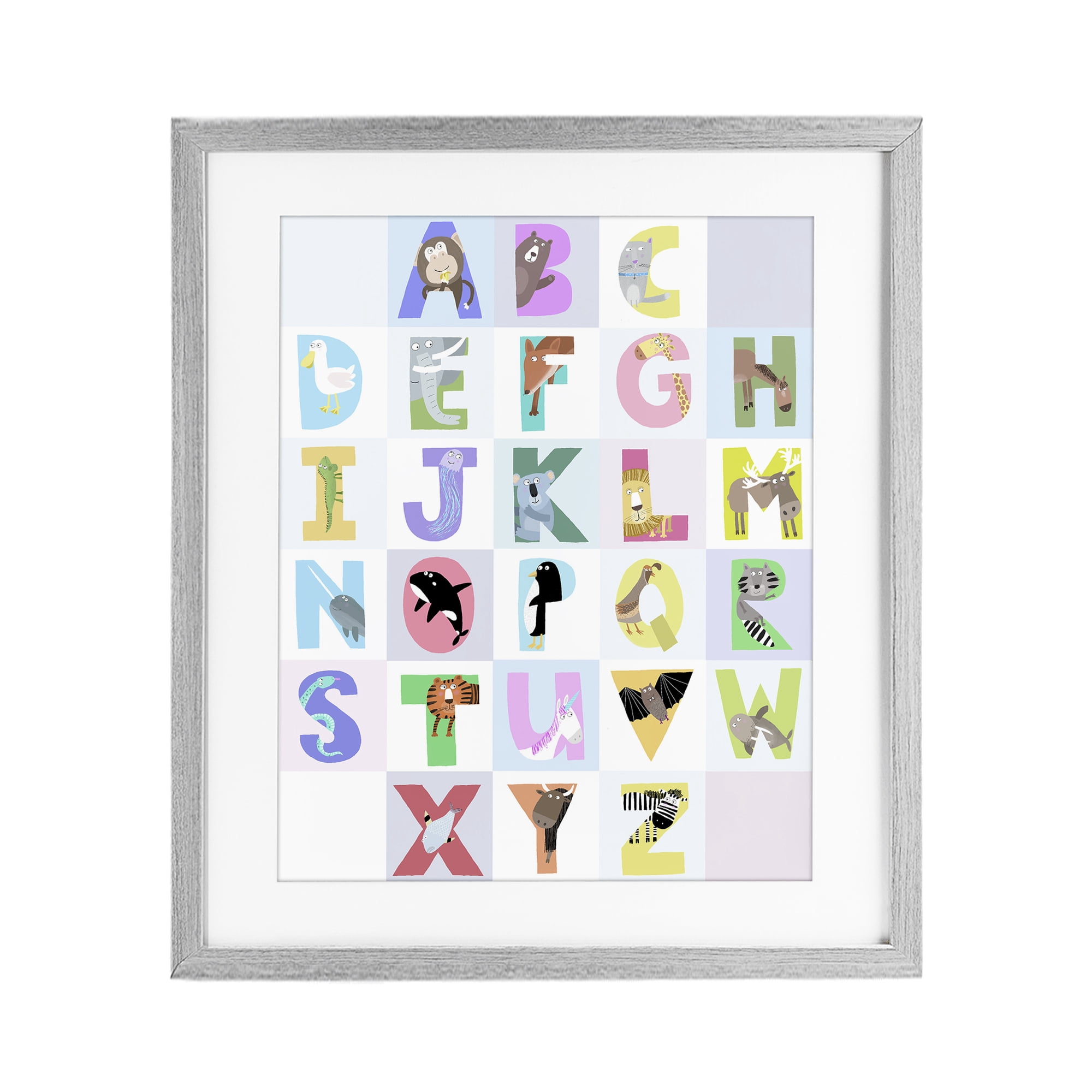 Stupell Industries Animal Alphabet in Light Grey Gray Framed Print Under Glass, design by Carla Daly