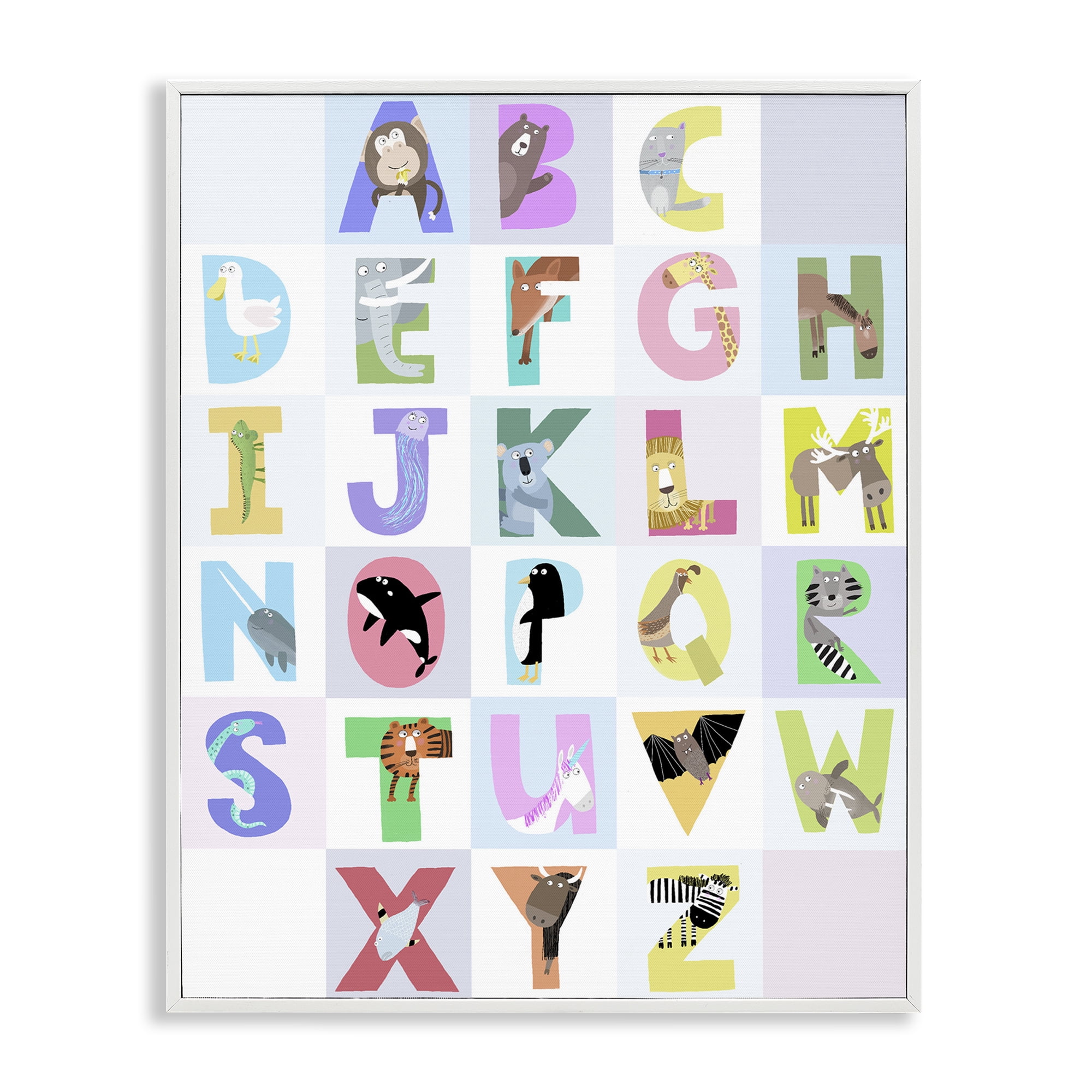 Stupell Industries Animal Alphabet in Light Grey White Framed Giclee Art, design by Carla Daly