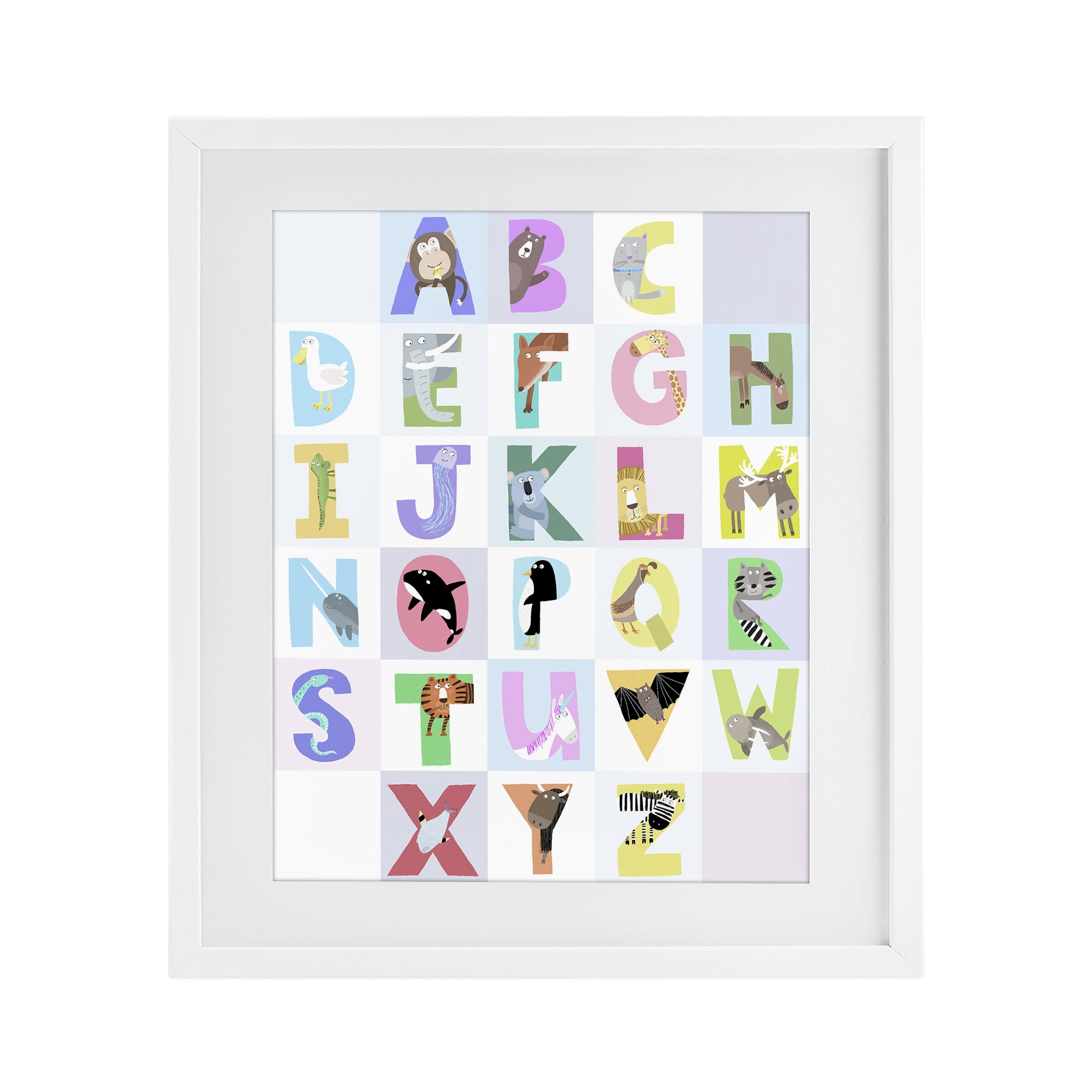 Stupell Industries Animal Alphabet in Light Grey White Framed Print Under Glass, design by Carla Daly