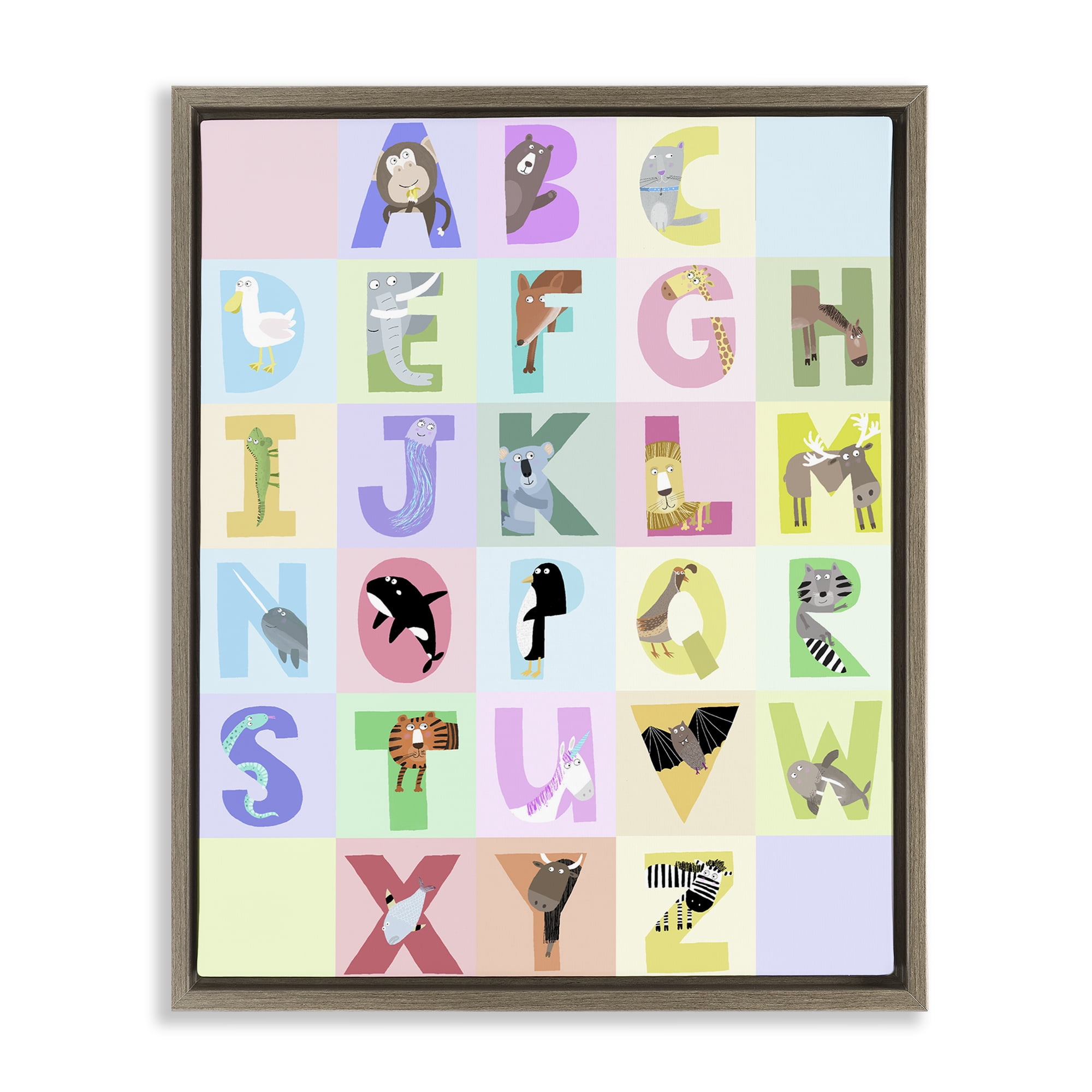 Stupell Industries Animal Alphabet in Pastels Brown Framed Floater Canvas Wall Art, design by Carla Daly