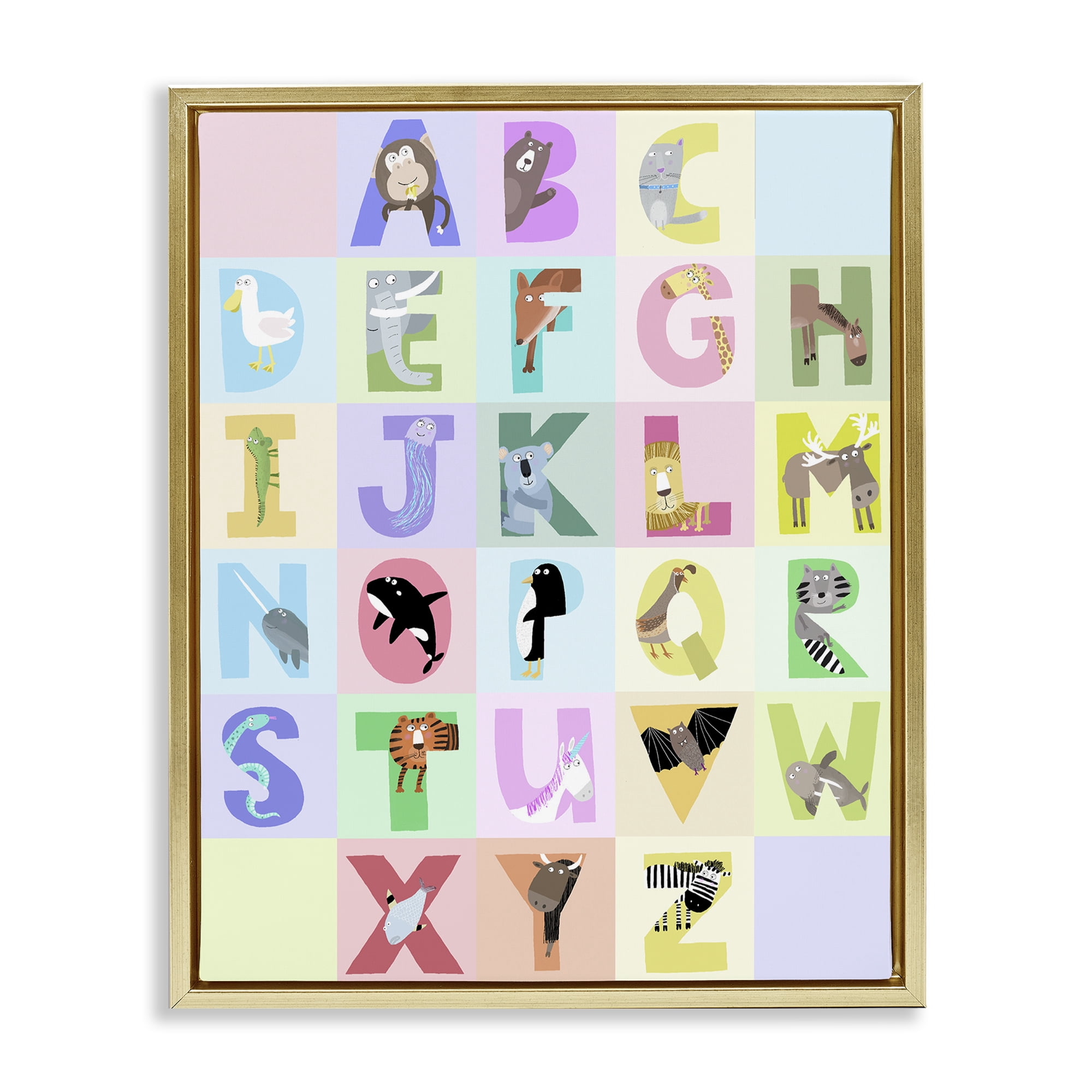 Stupell Industries Animal Alphabet in Pastels Gold Framed Floater Canvas Wall Art, design by Carla Daly