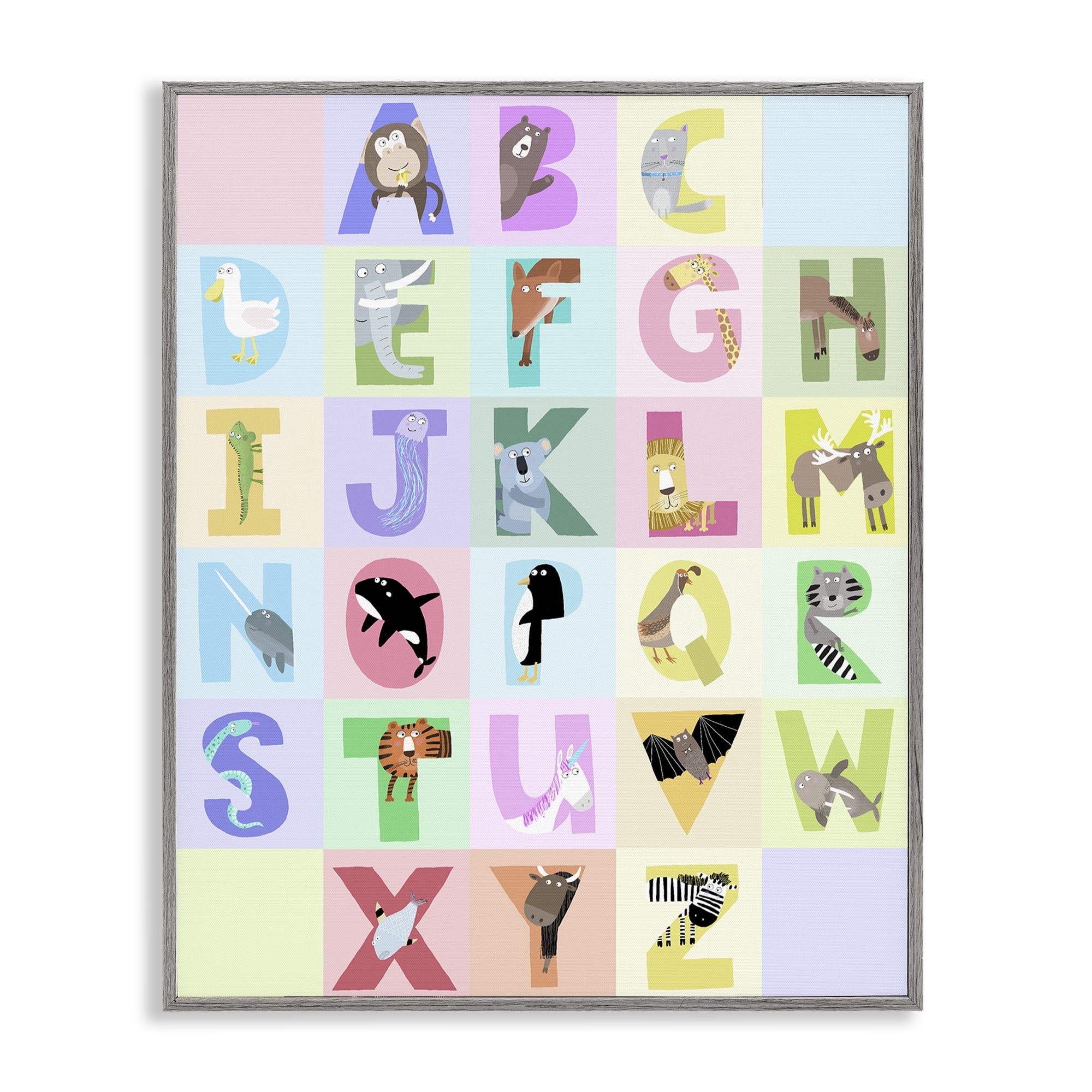 Stupell Industries Animal Alphabet in Pastels Gray Framed Giclee Art, design by Carla Daly