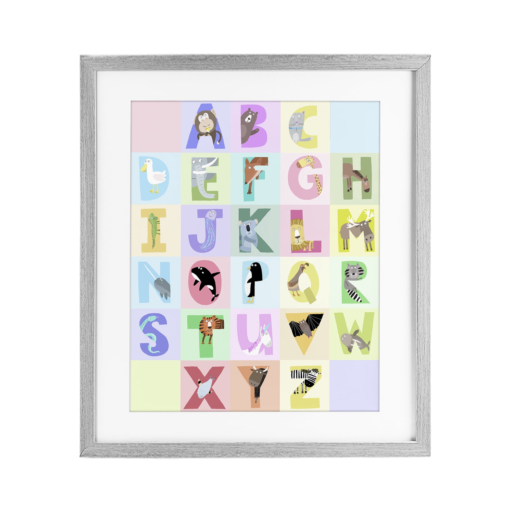 Stupell Industries Animal Alphabet in Pastels Gray Framed Print Under Glass, design by Carla Daly