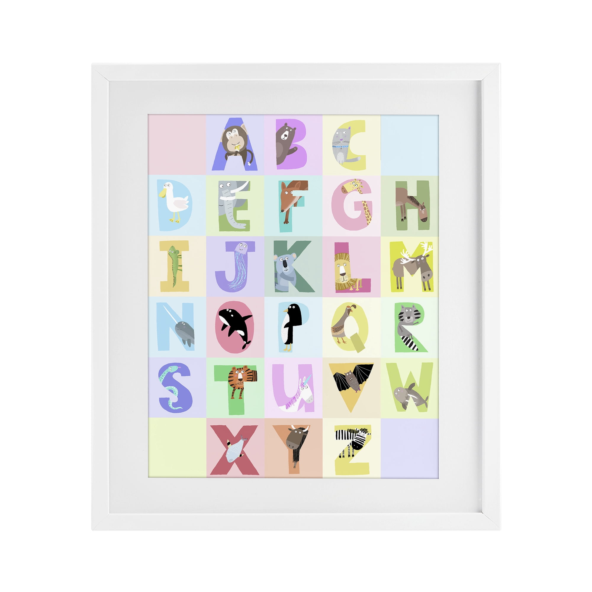 Stupell Industries Animal Alphabet in Pastels White Framed Print Under Glass, design by Carla Daly