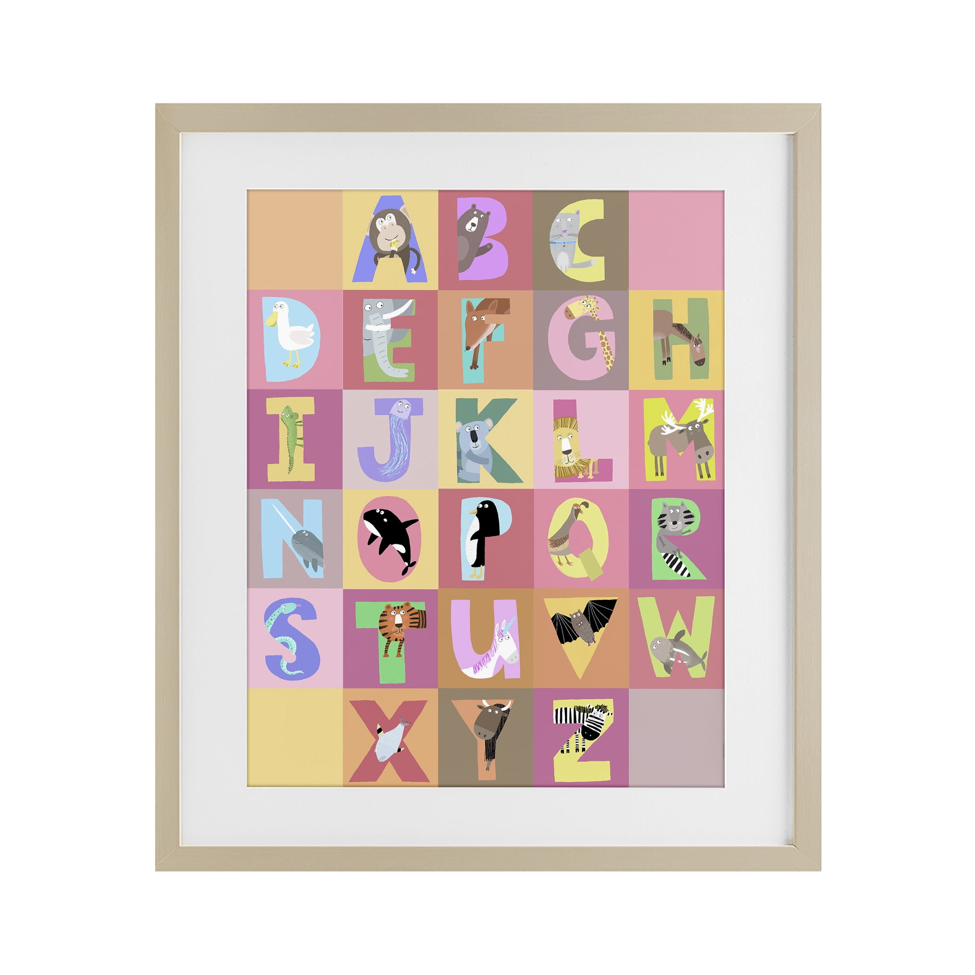 Stupell Industries Animal Alphabet in Pink Birch Framed Print Under Glass, design by Carla Daly