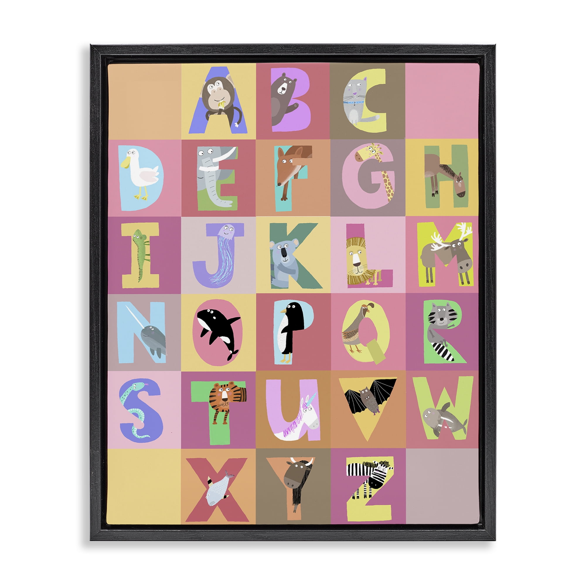 Stupell Industries Animal Alphabet in Pink Black Framed Floater Canvas Wall Art, design by Carla Daly