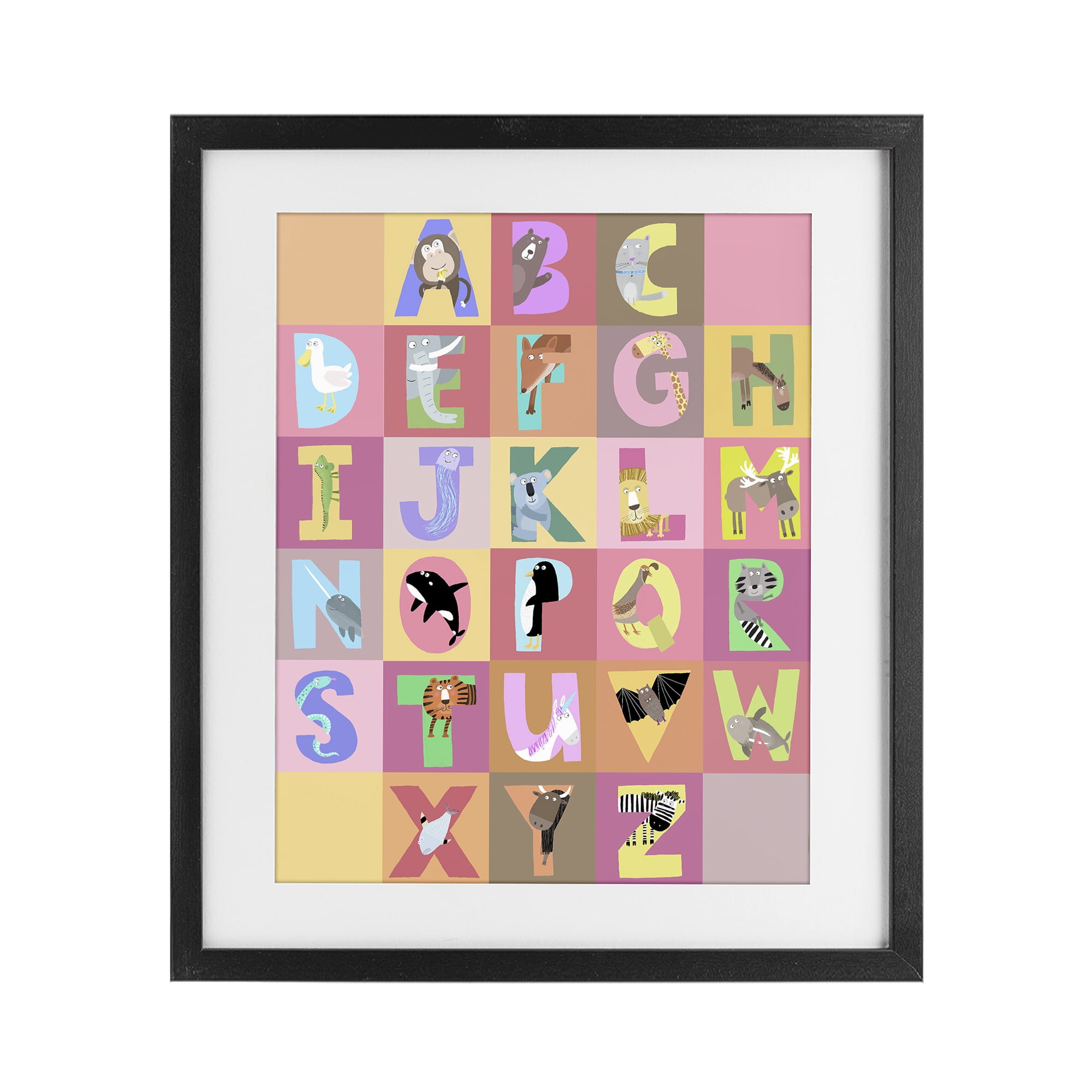 Stupell Industries Animal Alphabet in Pink Black Framed Print Under Glass, design by Carla Daly