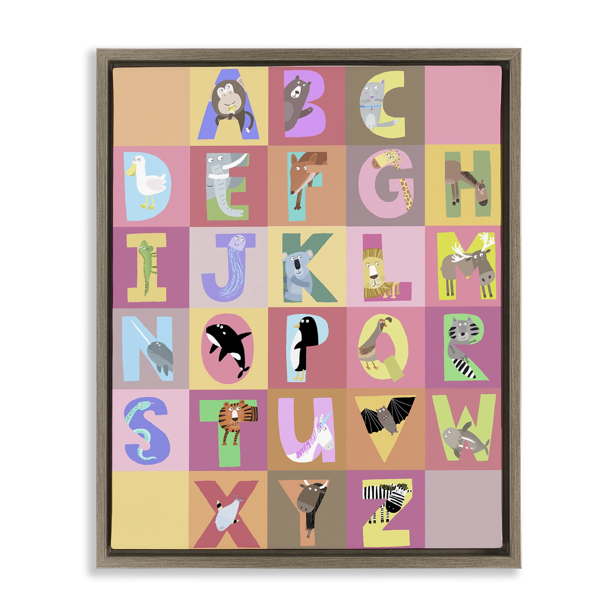 Stupell Industries Animal Alphabet in Pink Brown Framed Floater Canvas Wall Art, design by Carla Daly