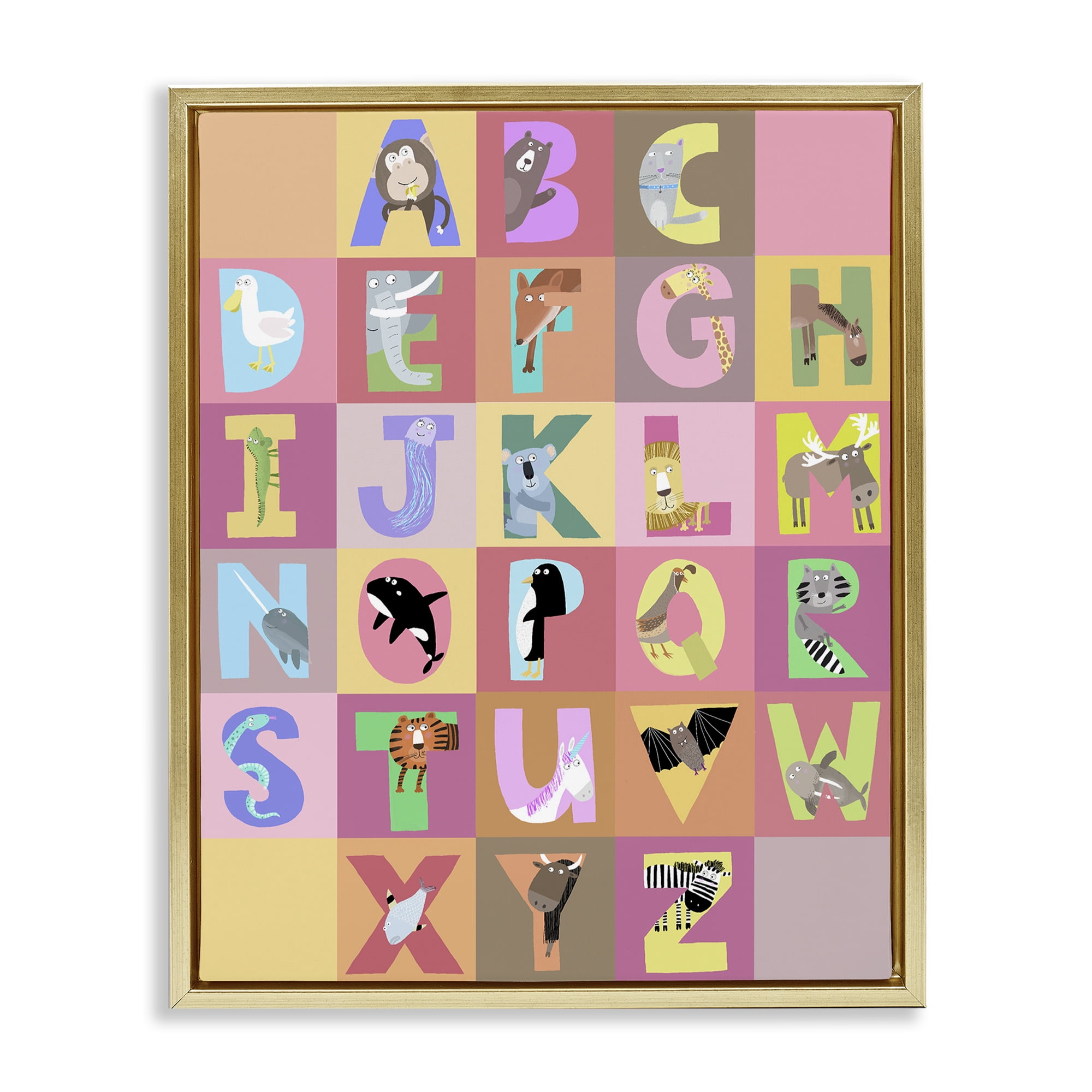 Stupell Industries Animal Alphabet in Pink Gold Framed Floater Canvas Wall Art, design by Carla Daly