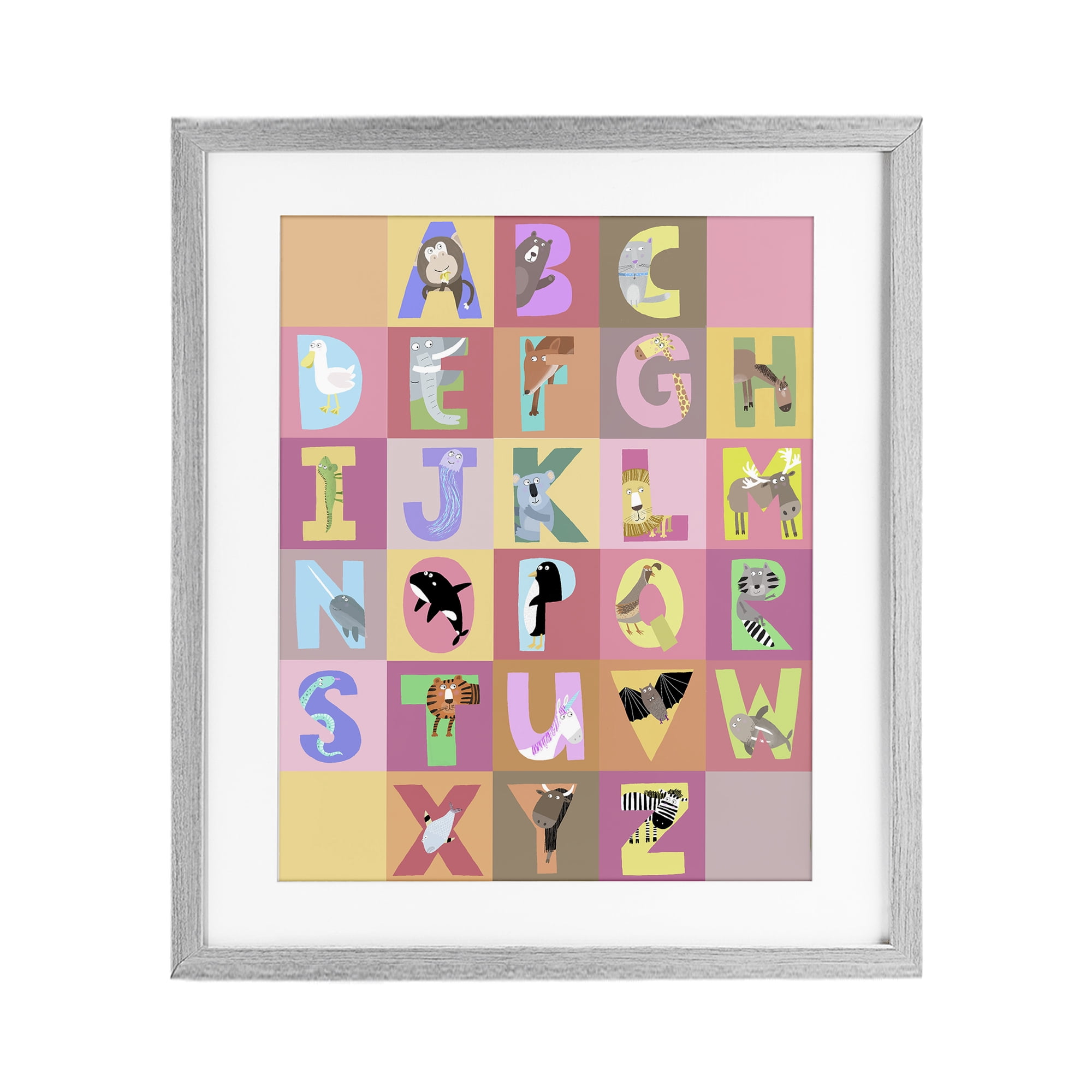 Stupell Industries Animal Alphabet in Pink Gray Framed Print Under Glass, design by Carla Daly