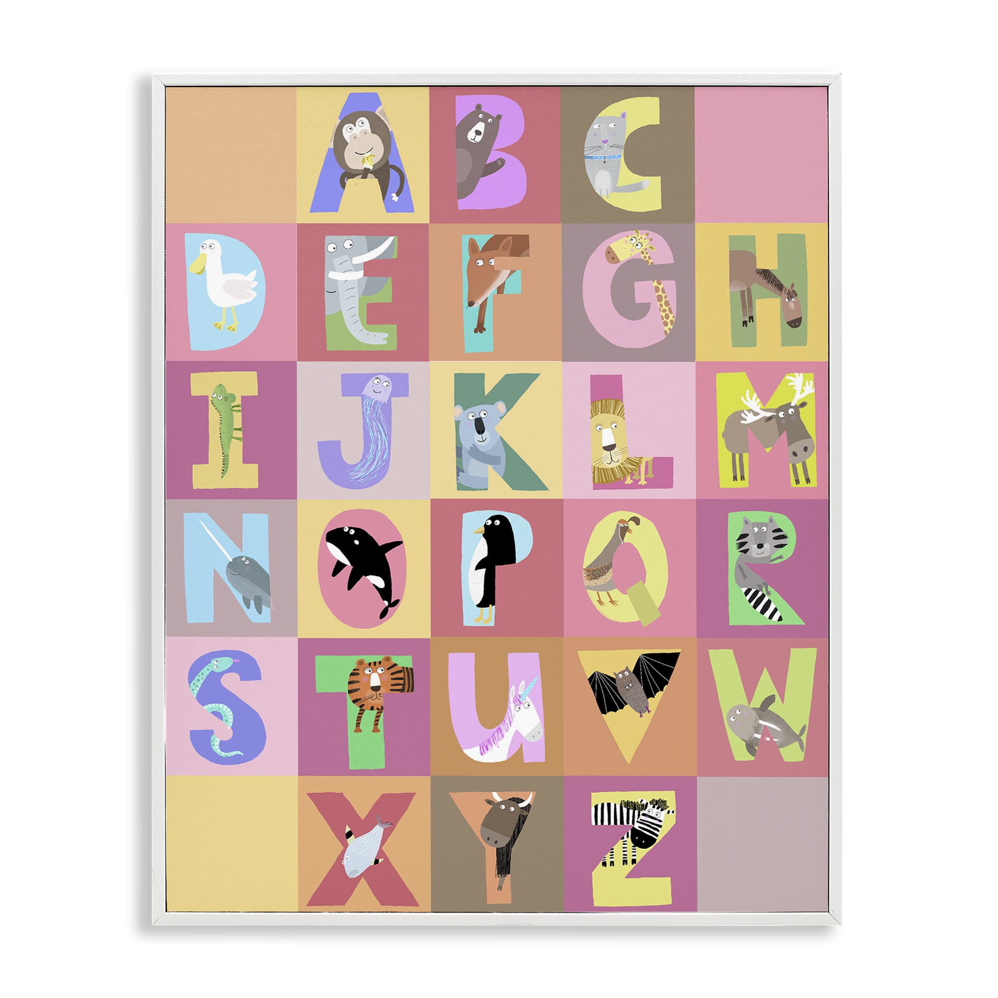 Stupell Industries Animal Alphabet in Pink White Framed Giclee Art, design by Carla Daly