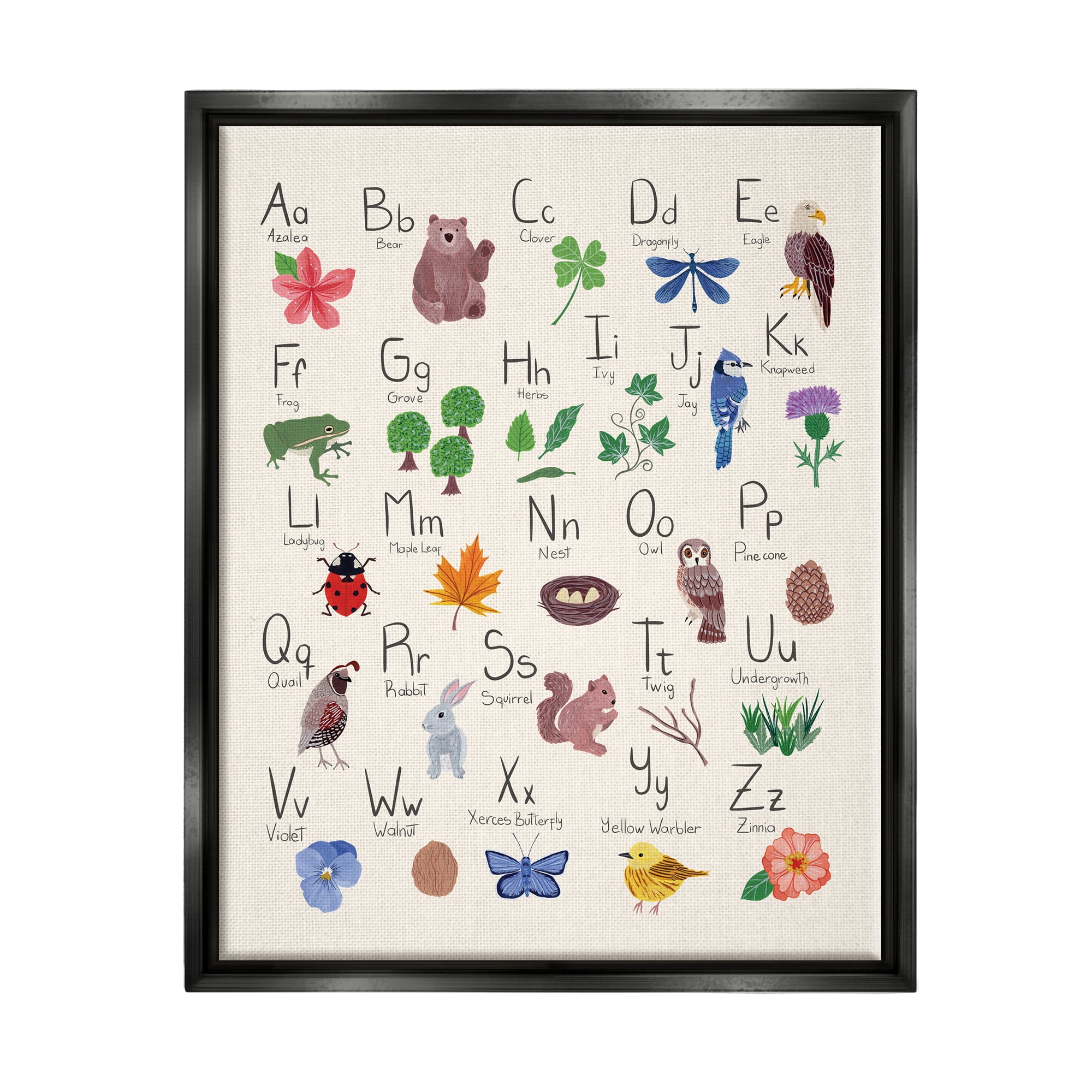 Stupell Industries Animal Alphabet on Beige Landscape Painting Black Floater Framed Canvas Art Print Wall Art, 17 x 21