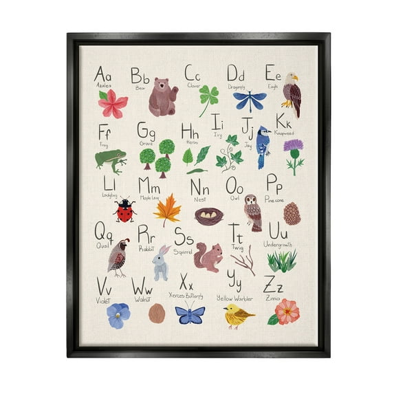 Stupell Industries Animal Alphabet on Beige Landscape Painting Black Floater Framed Canvas Art Print Wall Art, 25 x 31