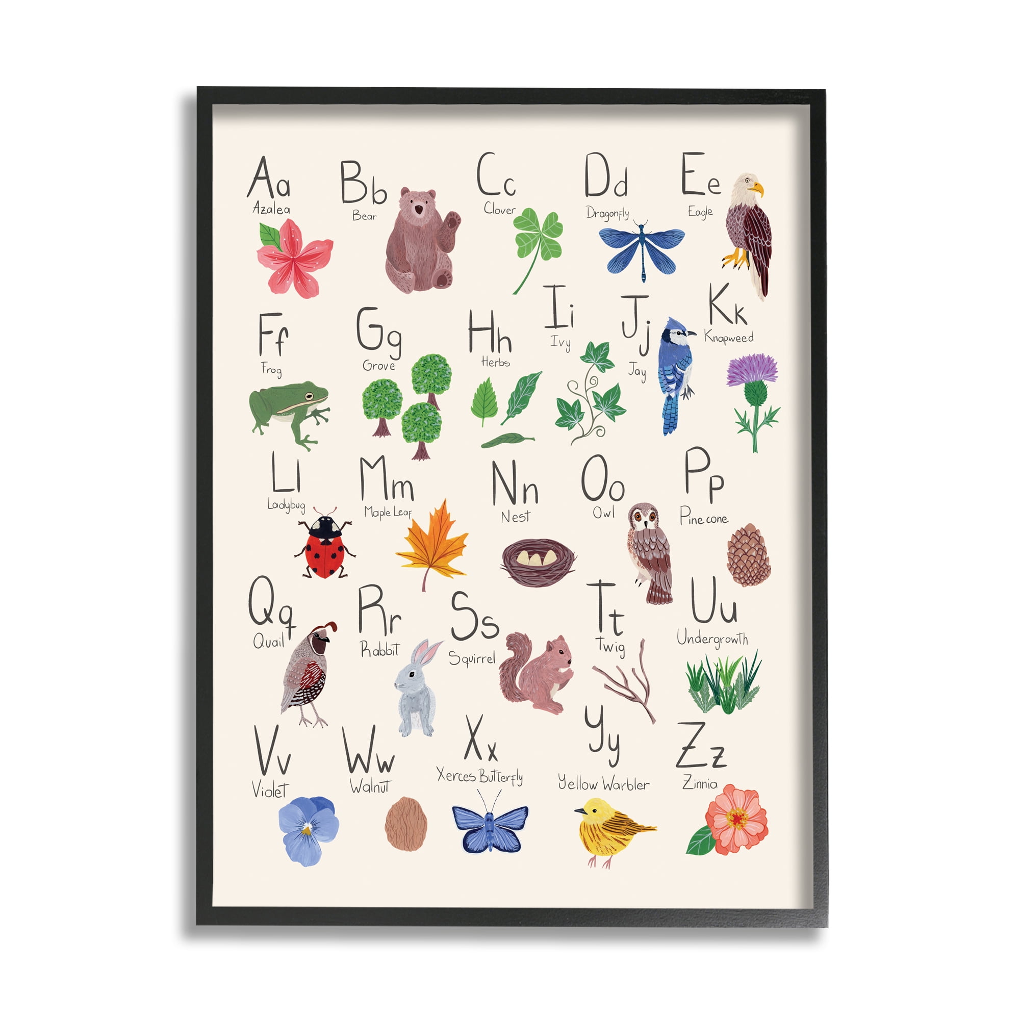 Stupell Industries Animal Alphabet on Beige Landscape Painting Black Framed Art Print Wall Art, 11 x 14