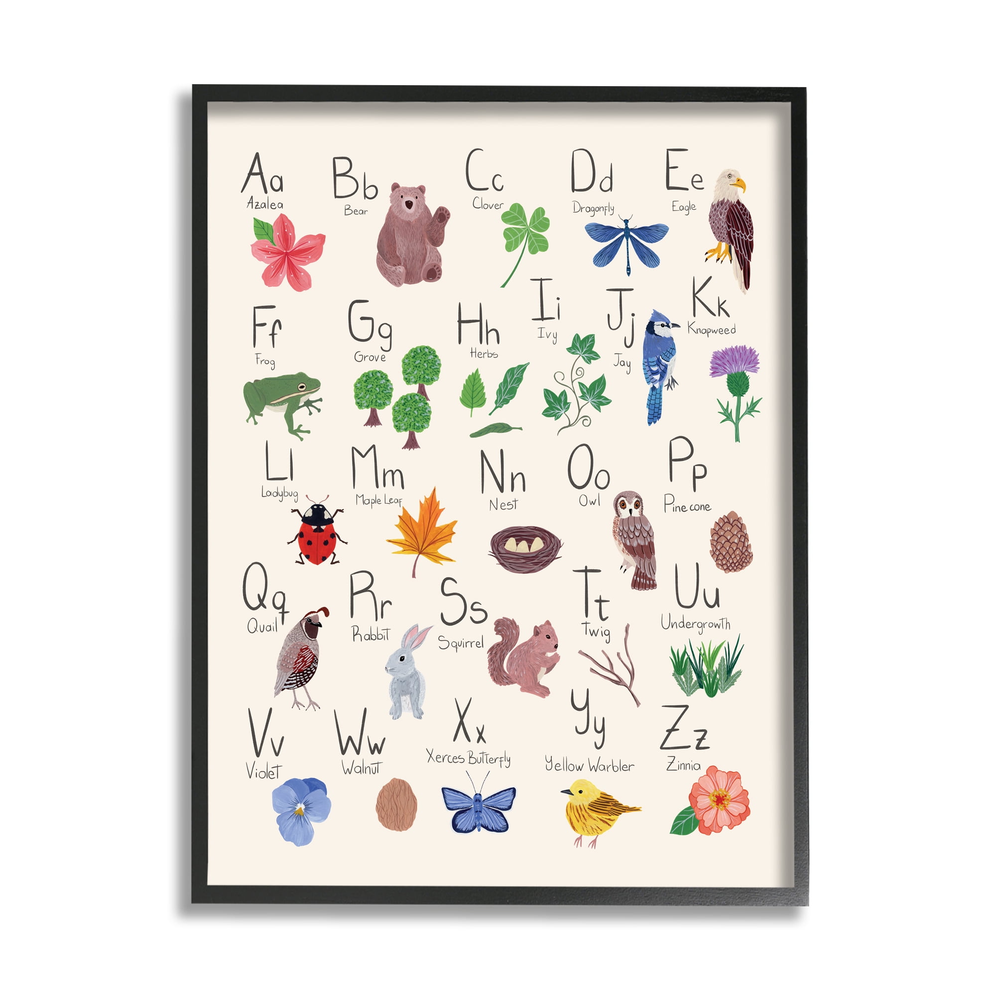 Stupell Industries Animal Alphabet on Beige Landscape Painting Black Framed Art Print Wall Art, 16 x 20