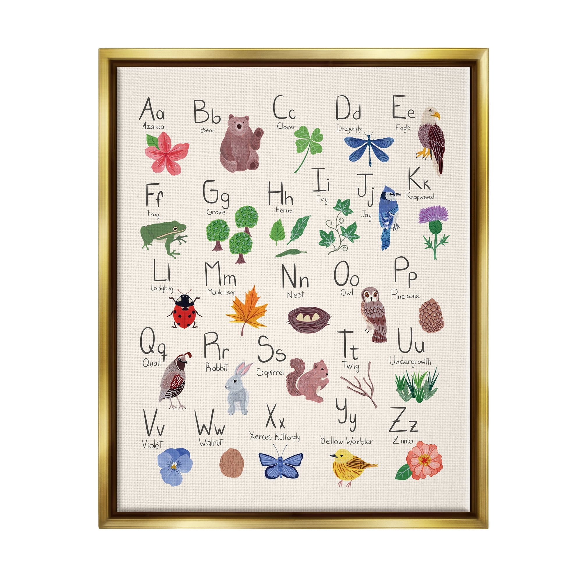 Stupell Industries Animal Alphabet on Beige Landscape Painting Gold Floater Framed Canvas Art Print Wall Art, 17 x 21