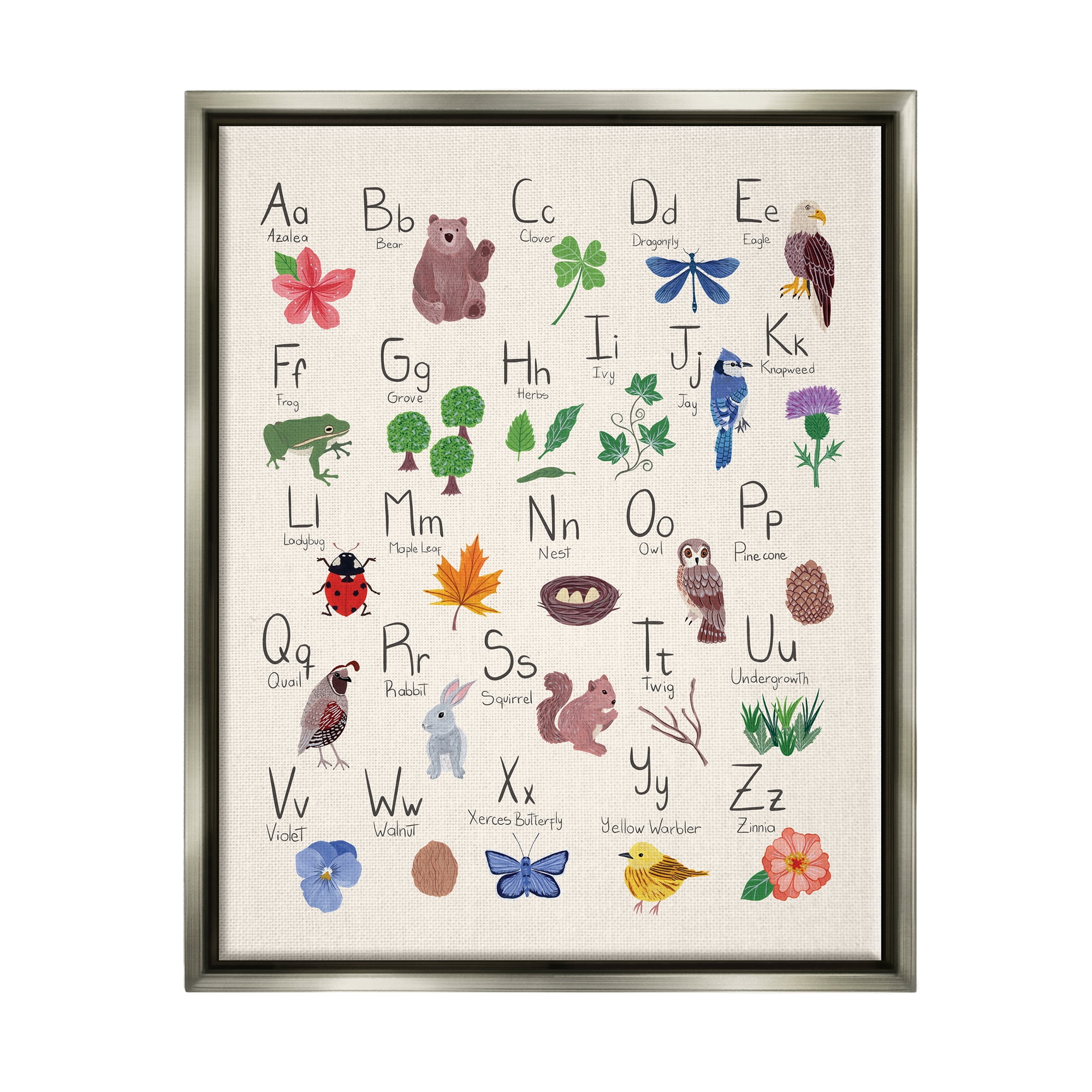 Stupell Industries Animal Alphabet on Beige Landscape Painting Gray Floater Framed Canvas Art Print Wall Art, 17 x 21