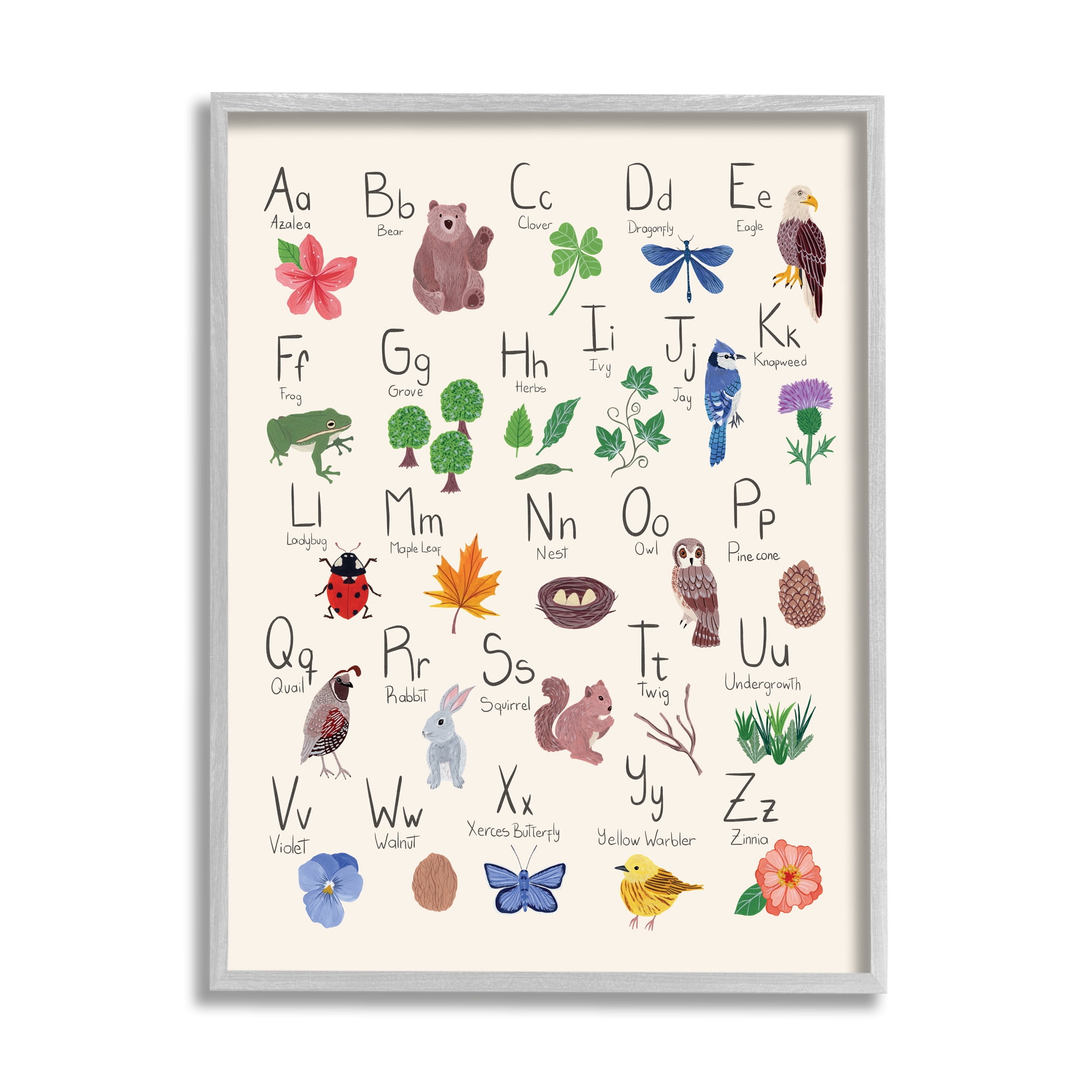 Stupell Industries Animal Alphabet on Beige Landscape Painting Gray Framed Art Print Wall Art, 24 x 30