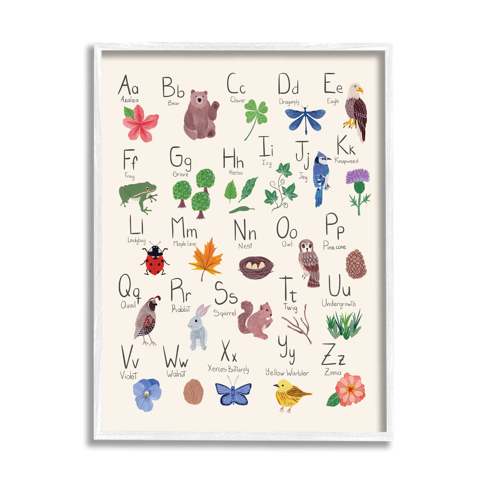 Stupell Industries Animal Alphabet on Beige Landscape Painting White Framed Art Print Wall Art, 11 x 14