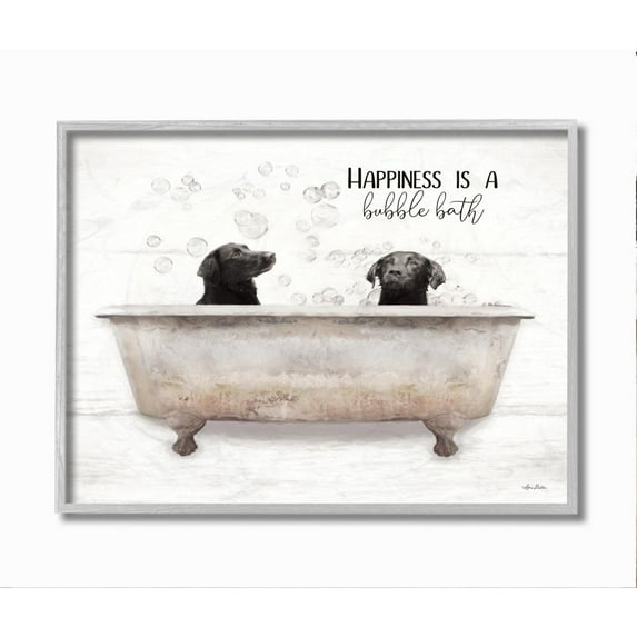 Stupell Industries Animal Bathroom Happiness is a Bubble Bath Dog Quote Framed Wall Art Design by Lori Deiter, 11" x 14", Gray Framed