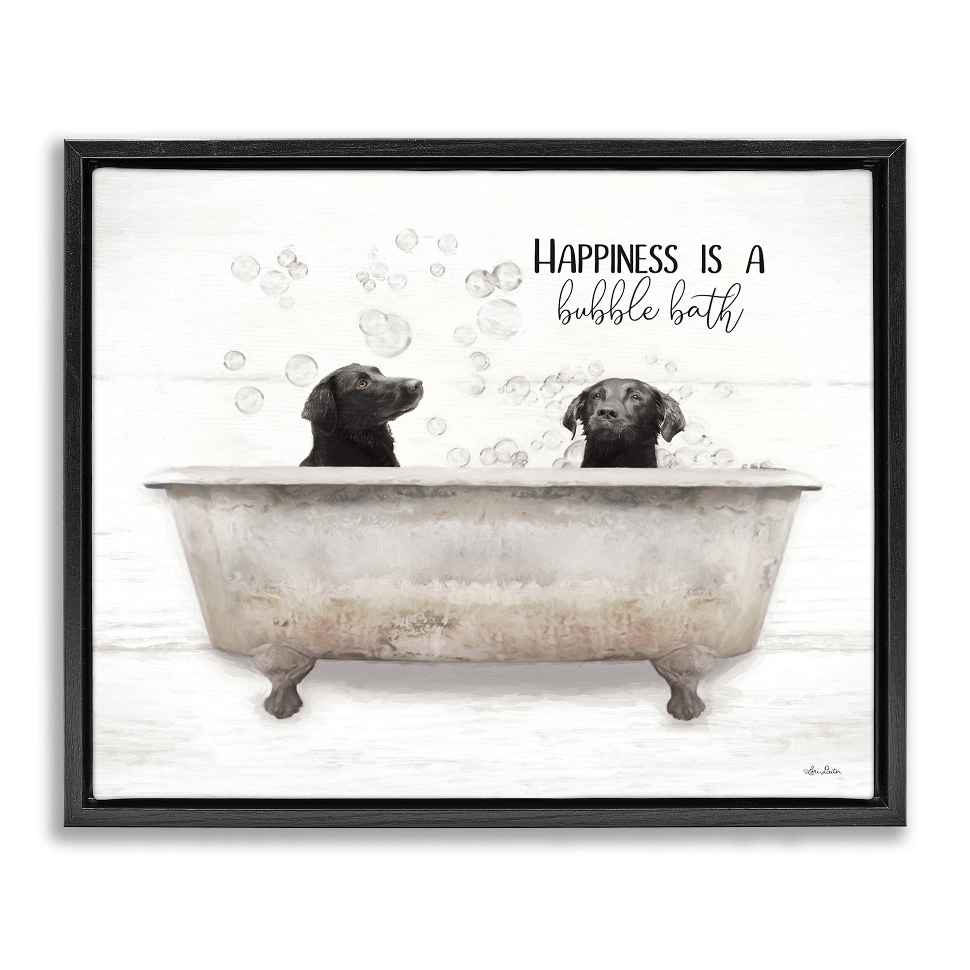 Stupell Industries Animal Bathroom Happy Dogs Animals & Insects Painting Black Floater Framed Canvas Art Print Wall Art, 21 x 17