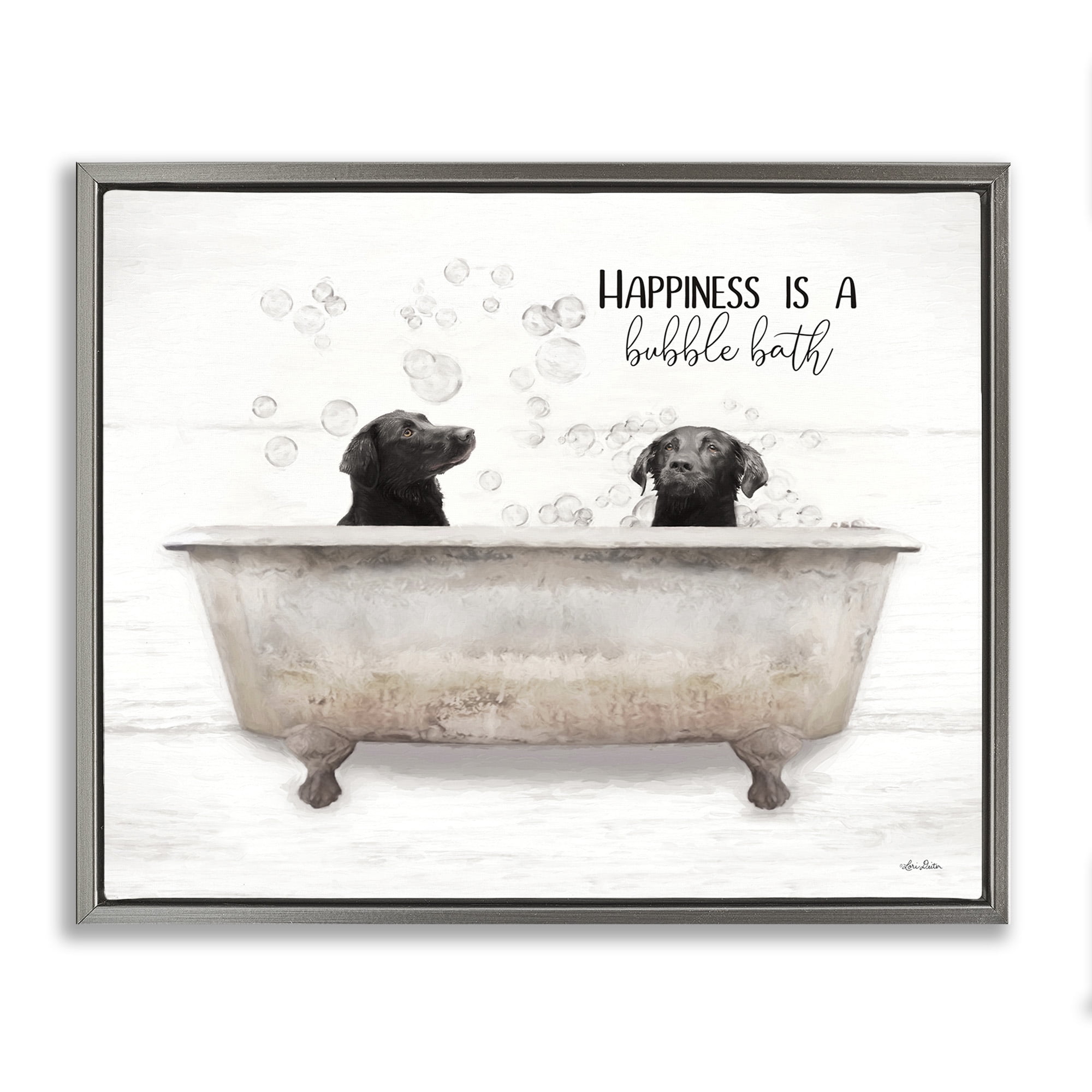 Stupell Industries Animal Bathroom Happy Dogs Animals & Insects Painting Gray Floater Framed Canvas Art Print Wall Art, 21 x 17