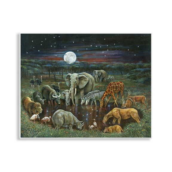 Stupell Industries Animal Pairs at Watering Hole Animals Painting Unframed Art Print Wall Art, 14 x 11