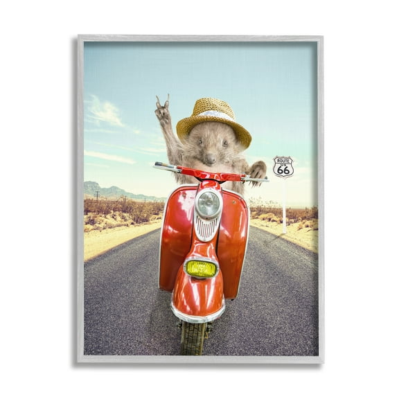Stupell Industries Animal Riding Red Motor Scooter Route 66 Road Framed Wall Art, 11 x 14, Design by Tai Prints