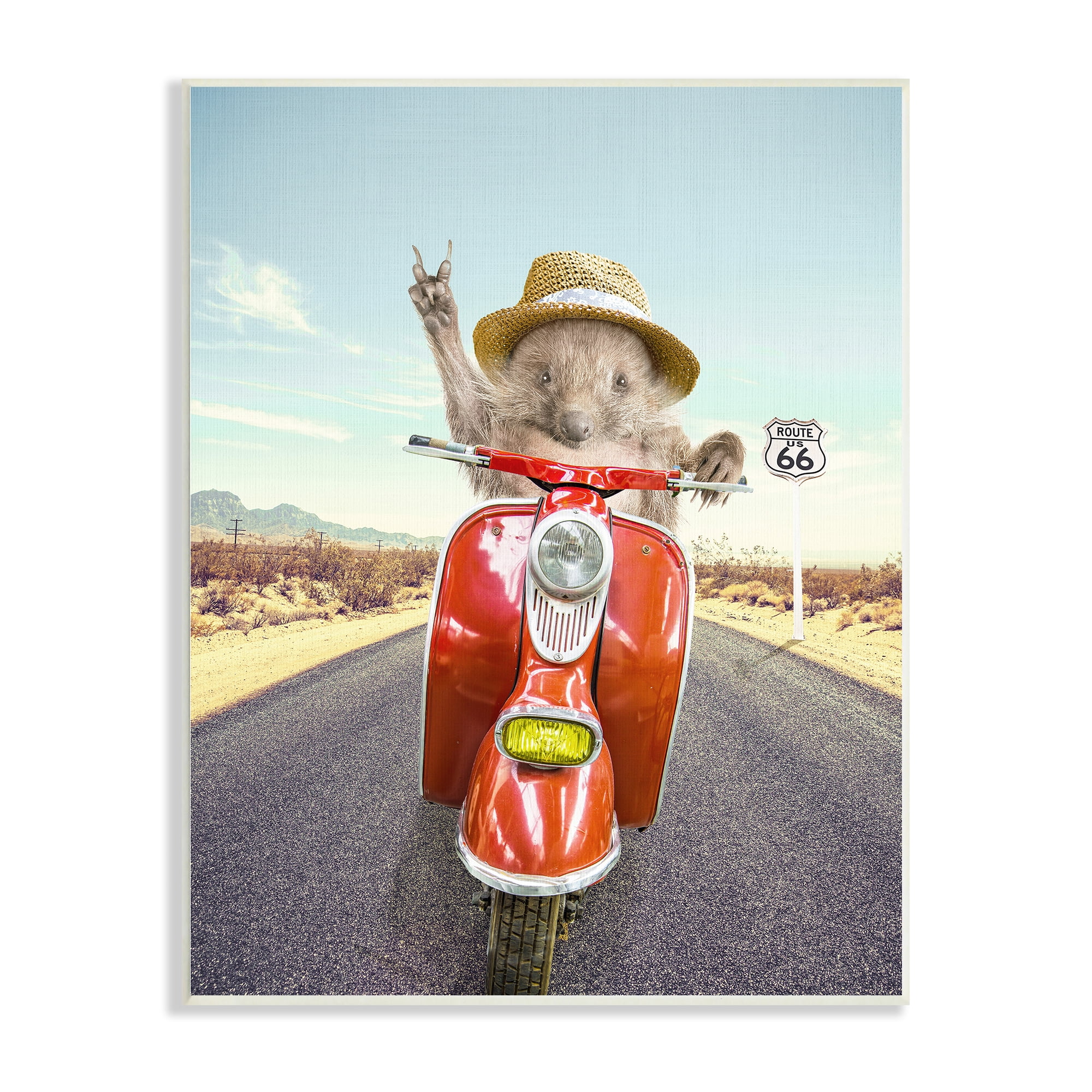 Stupell Industries Animal Riding Red Motor Scooter Route 66 Road Wood Wall Art, 10 x 15, Design by Tai Prints