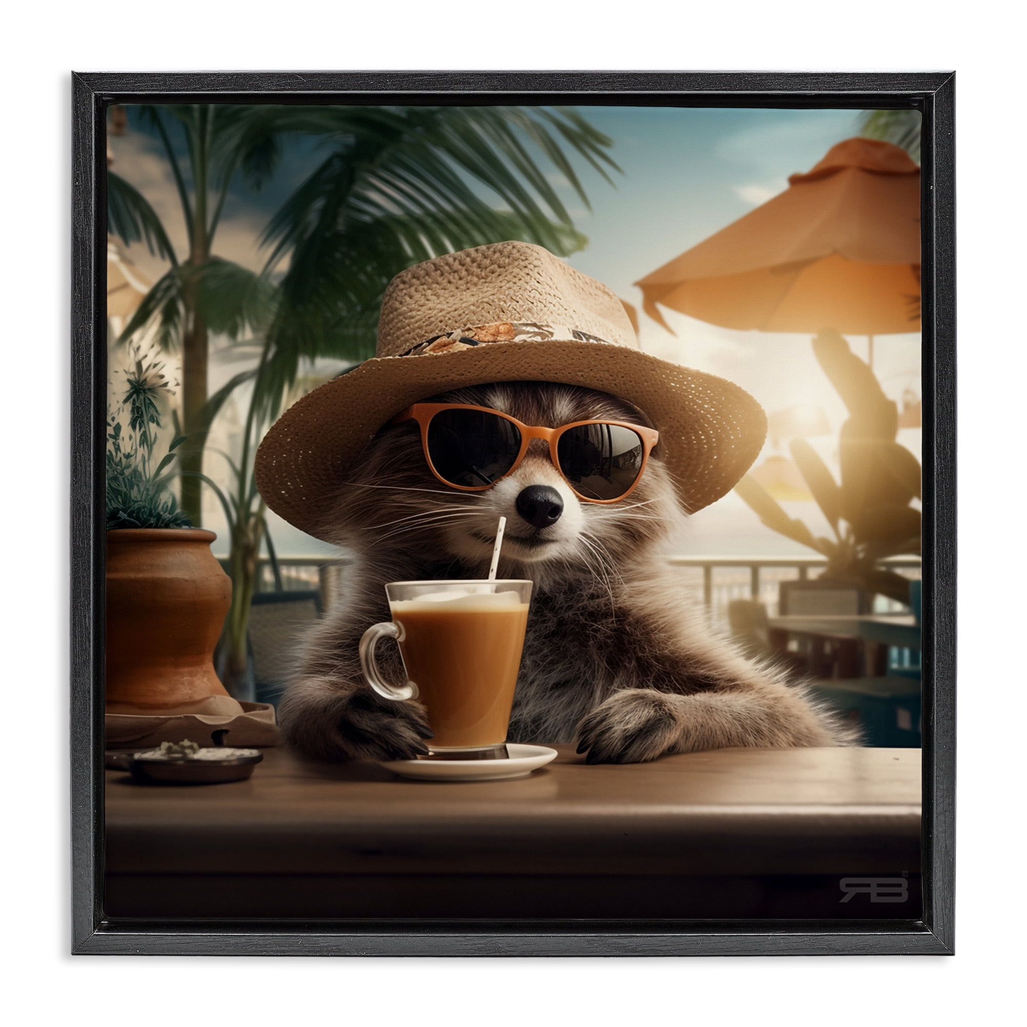Stupell Industries Animal Sipping Tropical Drink Animals Painting Black Floater Framed Canvas Art Print Wall Art, 25 x 25