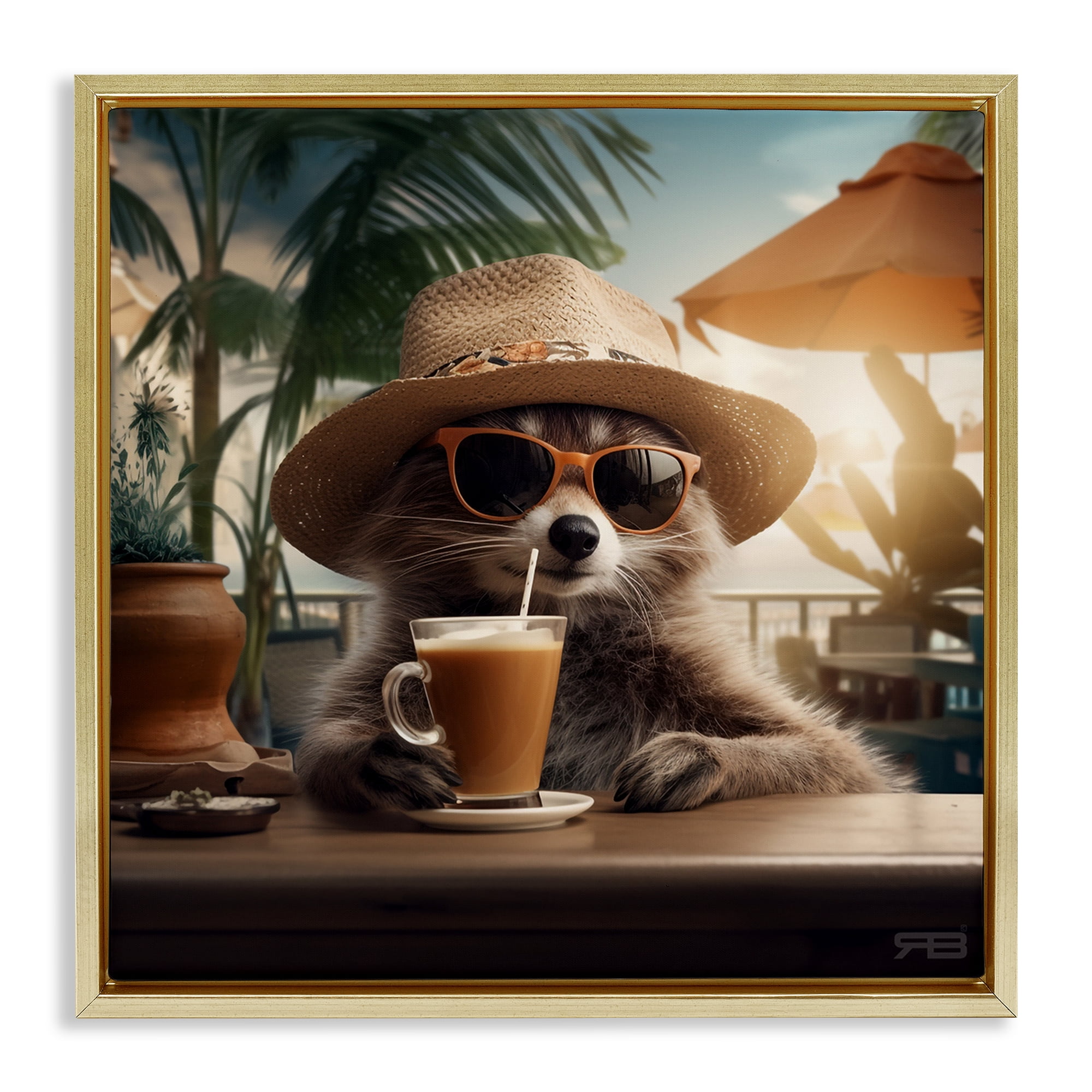 Stupell Industries Animal Sipping Tropical Drink Animals Painting Gold Floater Framed Canvas Art Print Wall Art, 25 x 25