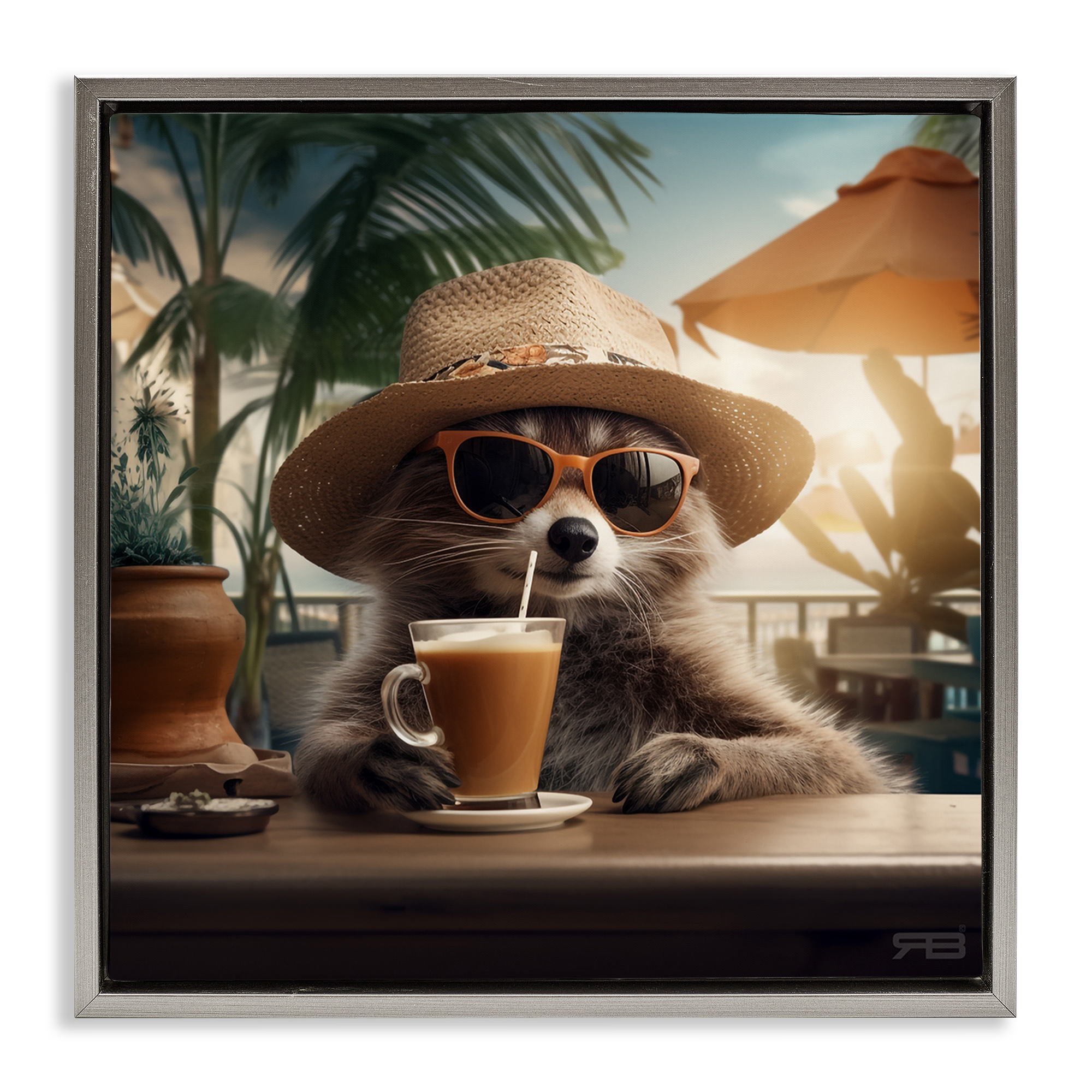 Stupell Industries Animal Sipping Tropical Drink Animals Painting Gray Floater Framed Canvas Art Print Wall Art, 25 x 25