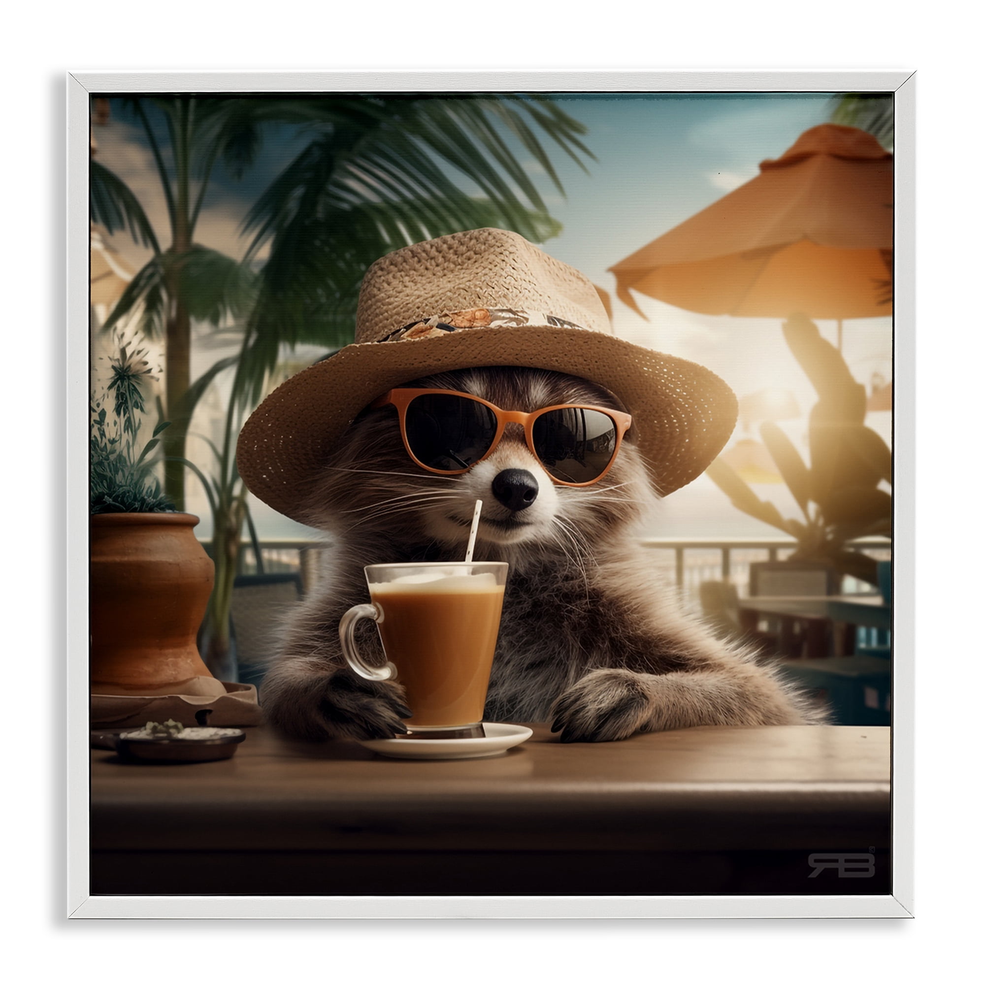 Stupell Industries Animal Sipping Tropical Drink Animals Painting White Framed Art Print Wall Art, 24 x 24