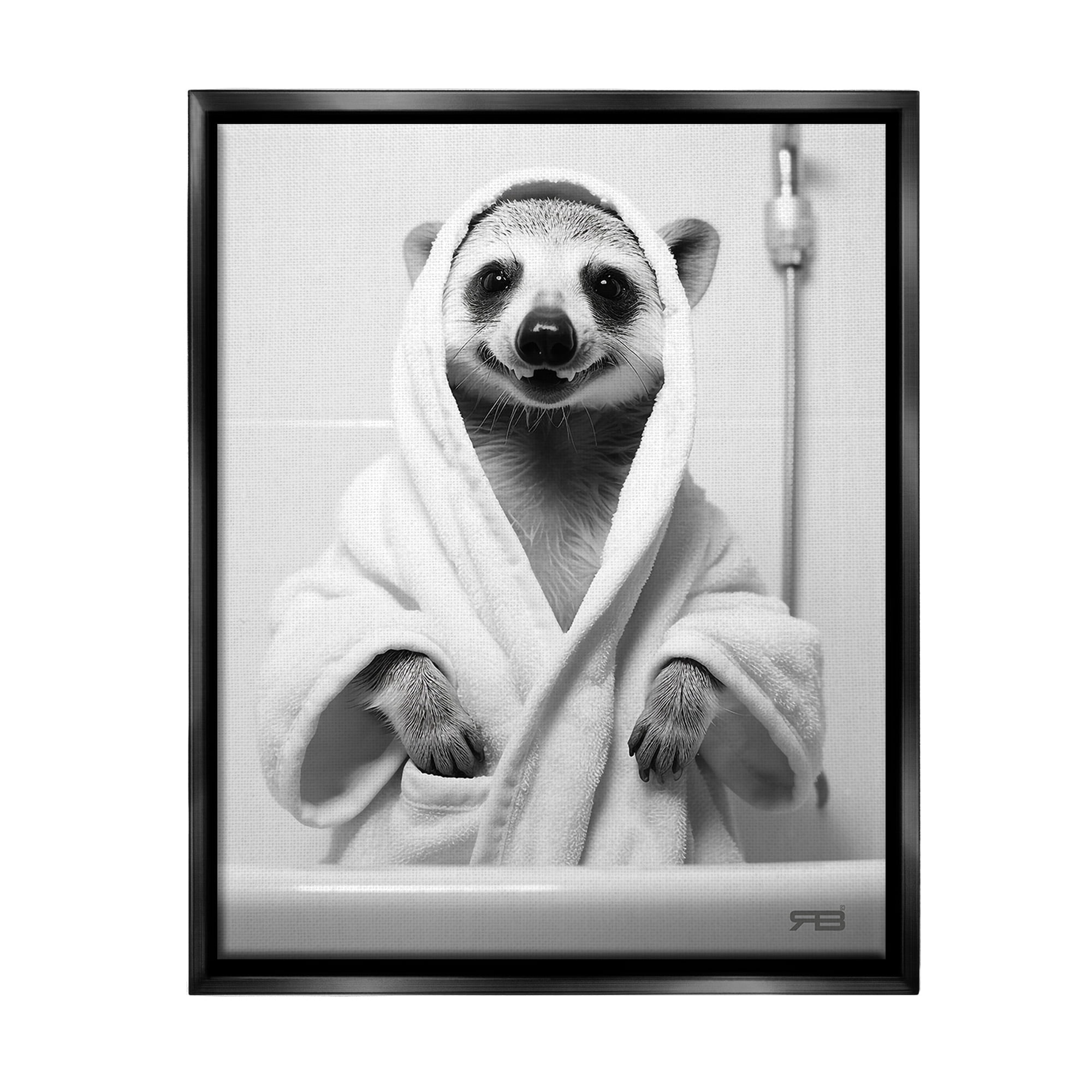 Stupell Industries Animal in Bathroom Robe Animals & Insects Painting Black Floater Framed Canvas Art Print Wall Art, 17 x 21