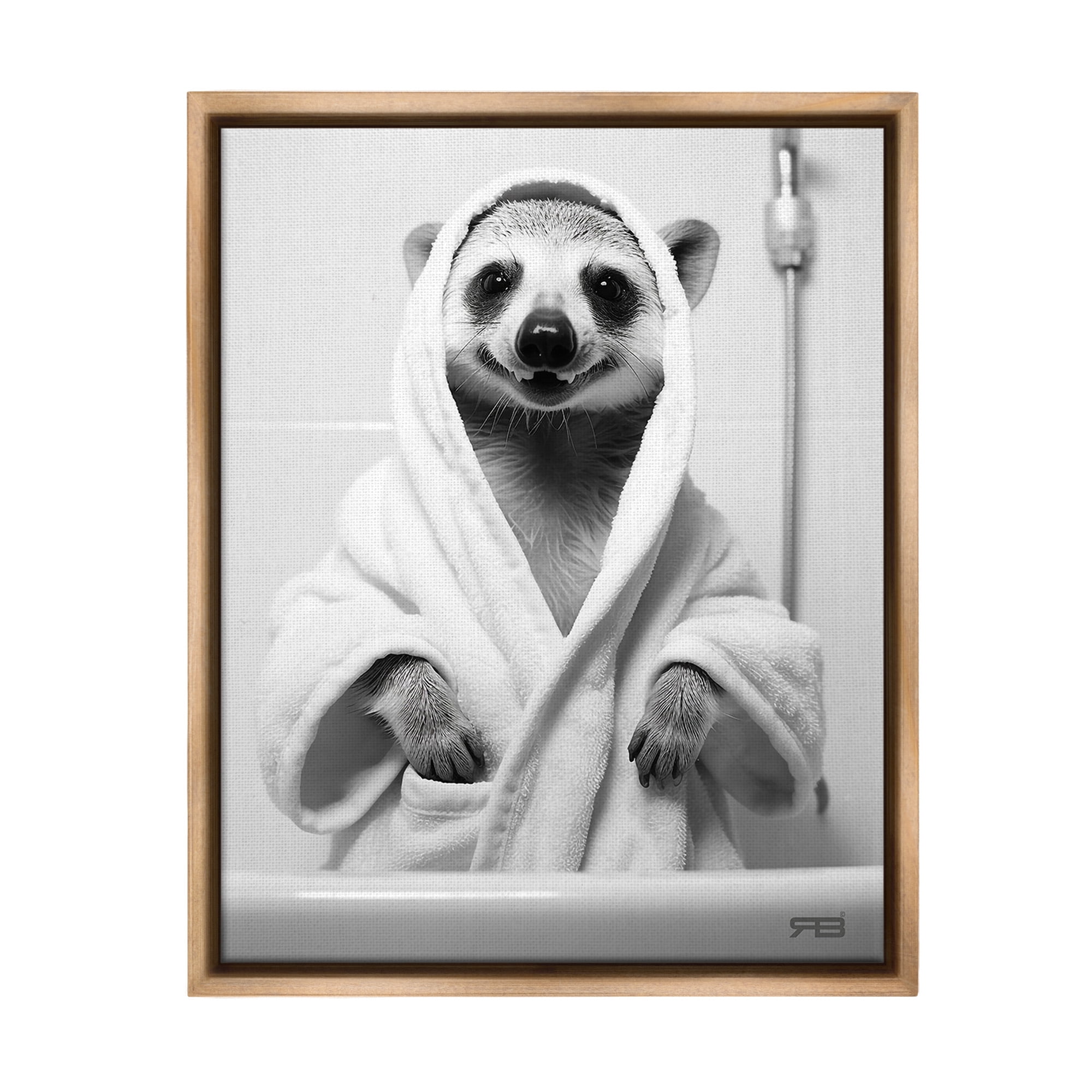 Stupell Industries Animal in Bathroom Robe Animals & Insects Painting Brown Floater Framed Canvas Art Print Wall Art, 25 x 31