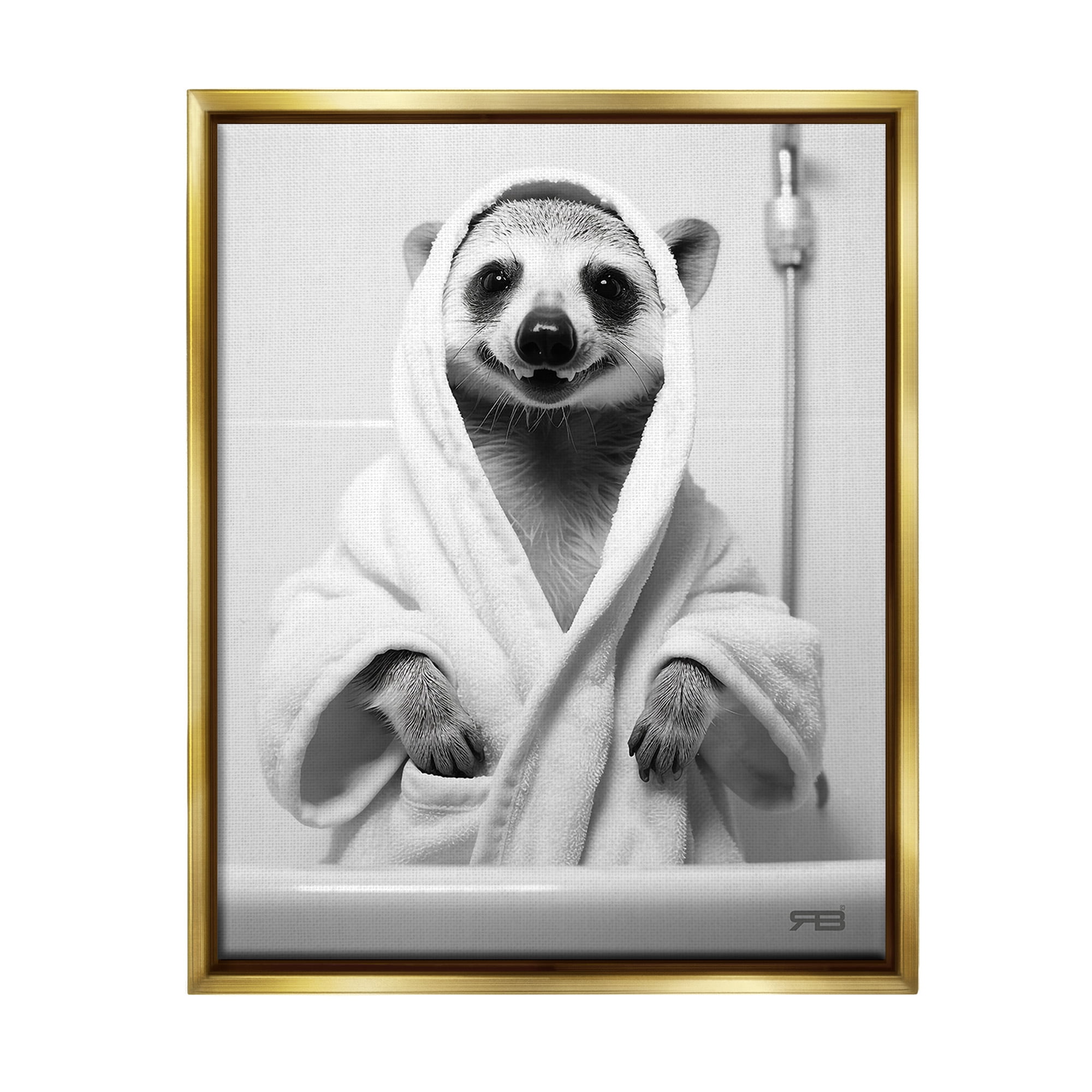 Stupell Industries Animal in Bathroom Robe Animals & Insects Painting Gold Floater Framed Canvas Art Print Wall Art, 25 x 31