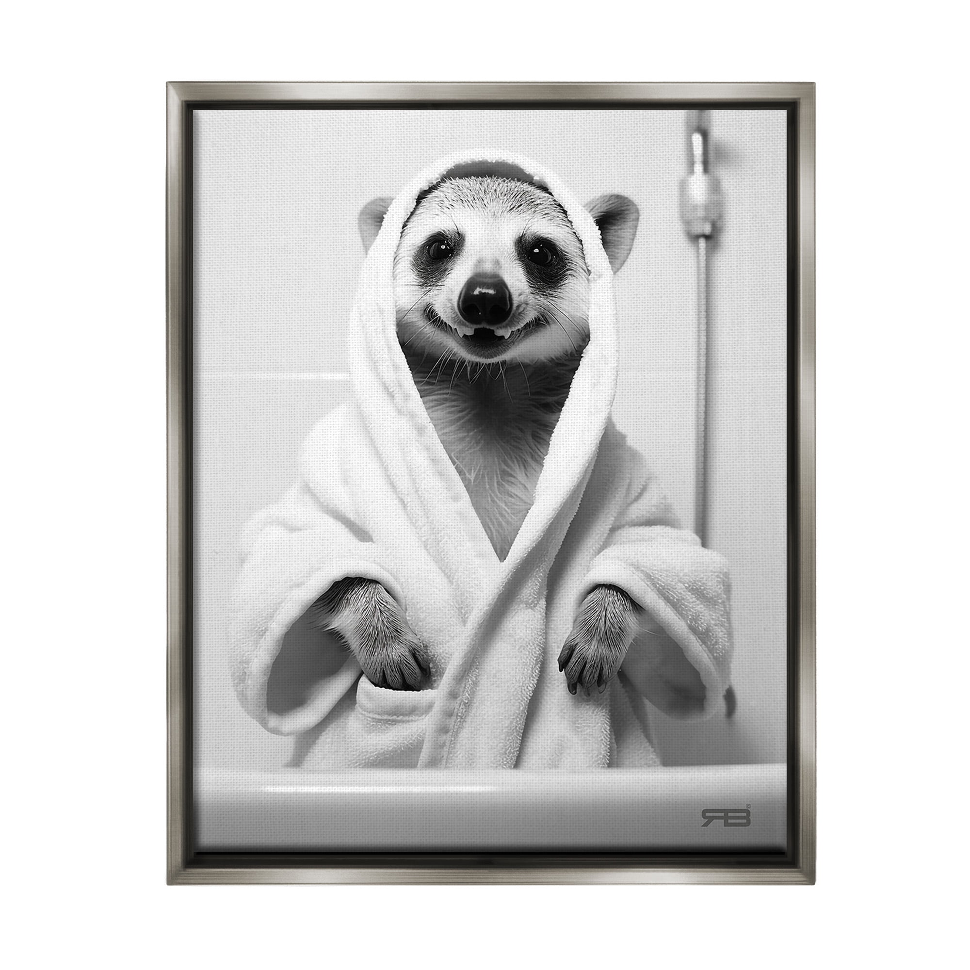 Stupell Industries Animal in Bathroom Robe Animals & Insects Painting Gray Floater Framed Canvas Art Print Wall Art, 17 x 21