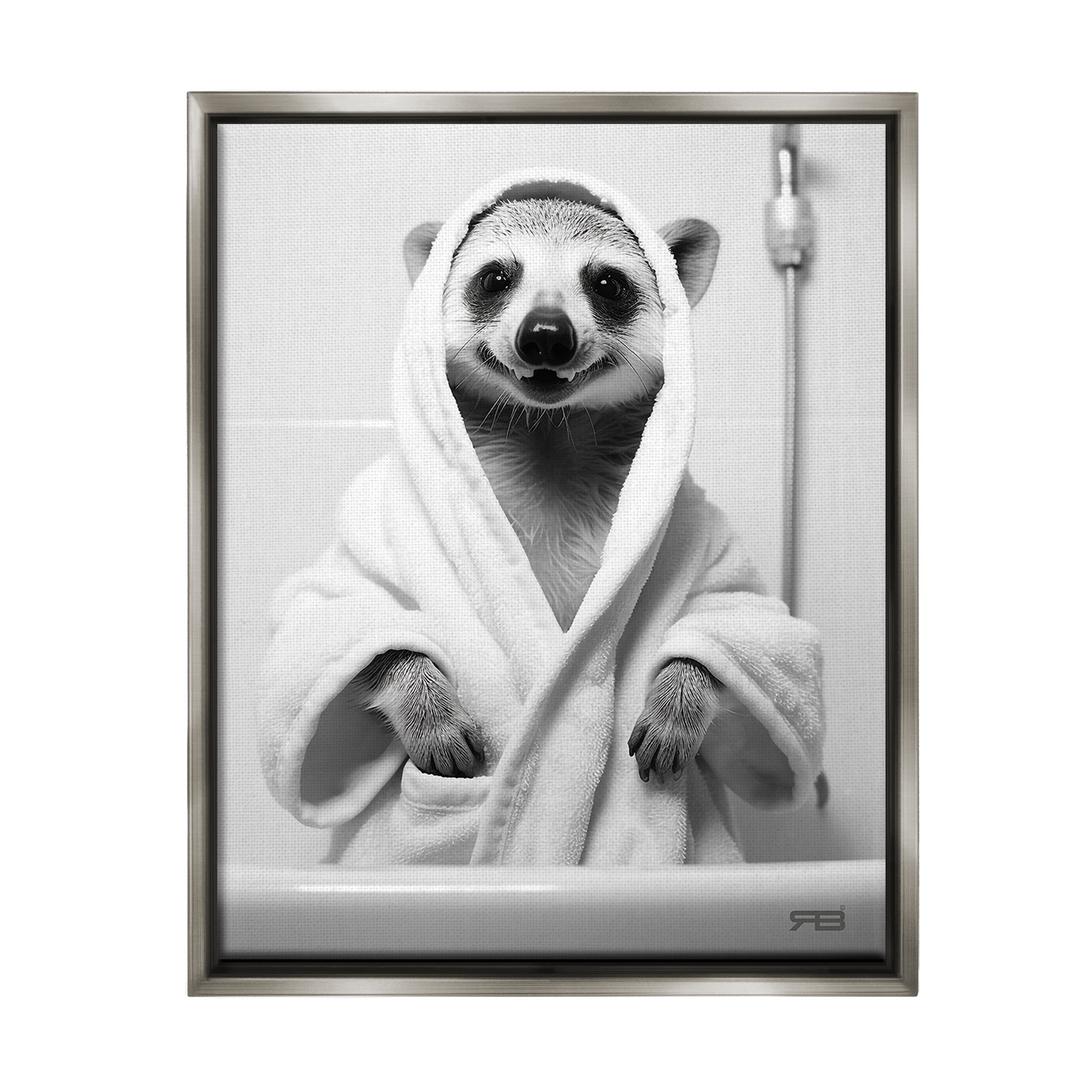 Stupell Industries Animal in Bathroom Robe Animals & Insects Painting Gray Floater Framed Canvas Art Print Wall Art, 25 x 31