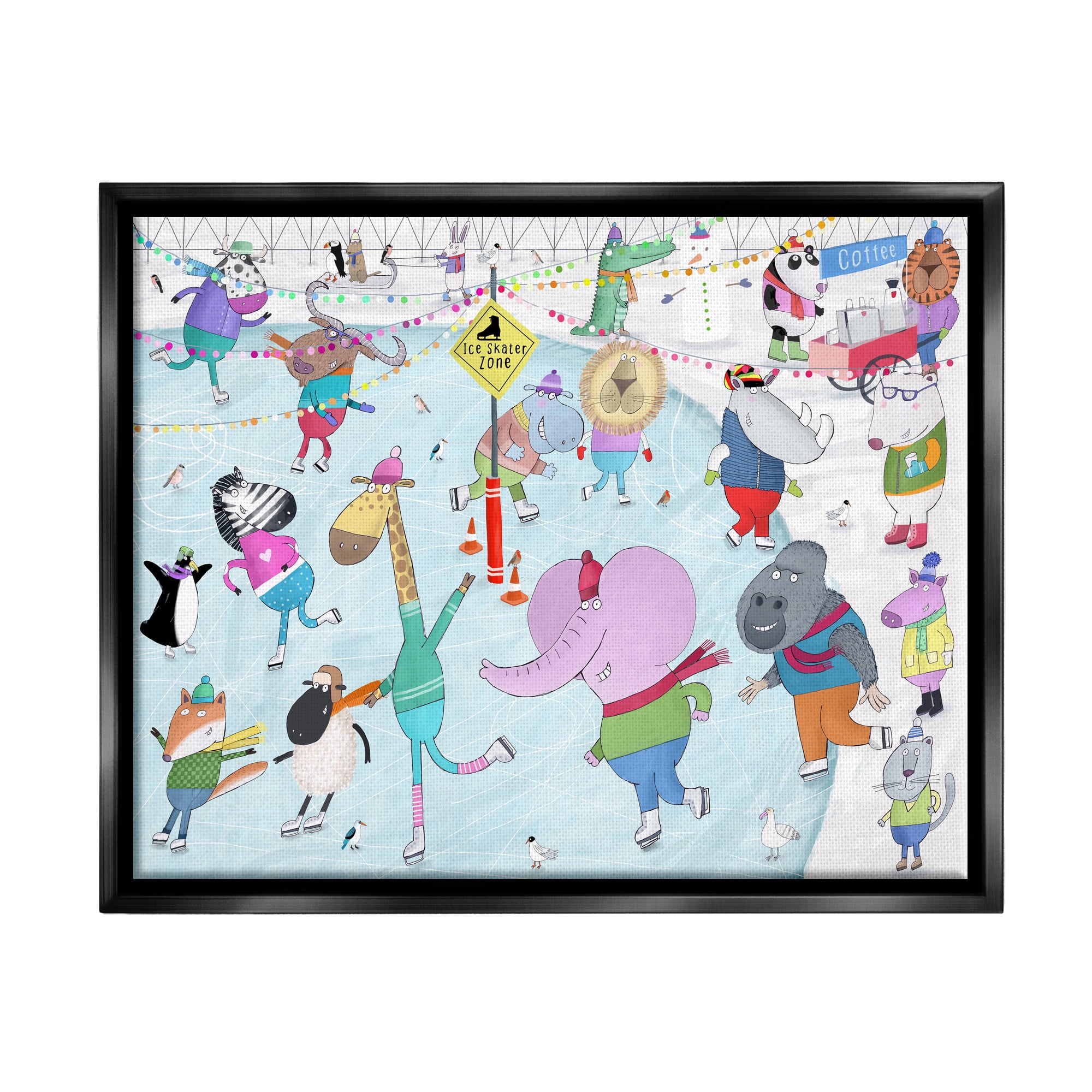 Stupell Industries Animals Ice Skating Scene Animals & Insects Painting Black Floater Framed Art Print Wall Art, 21 x 17